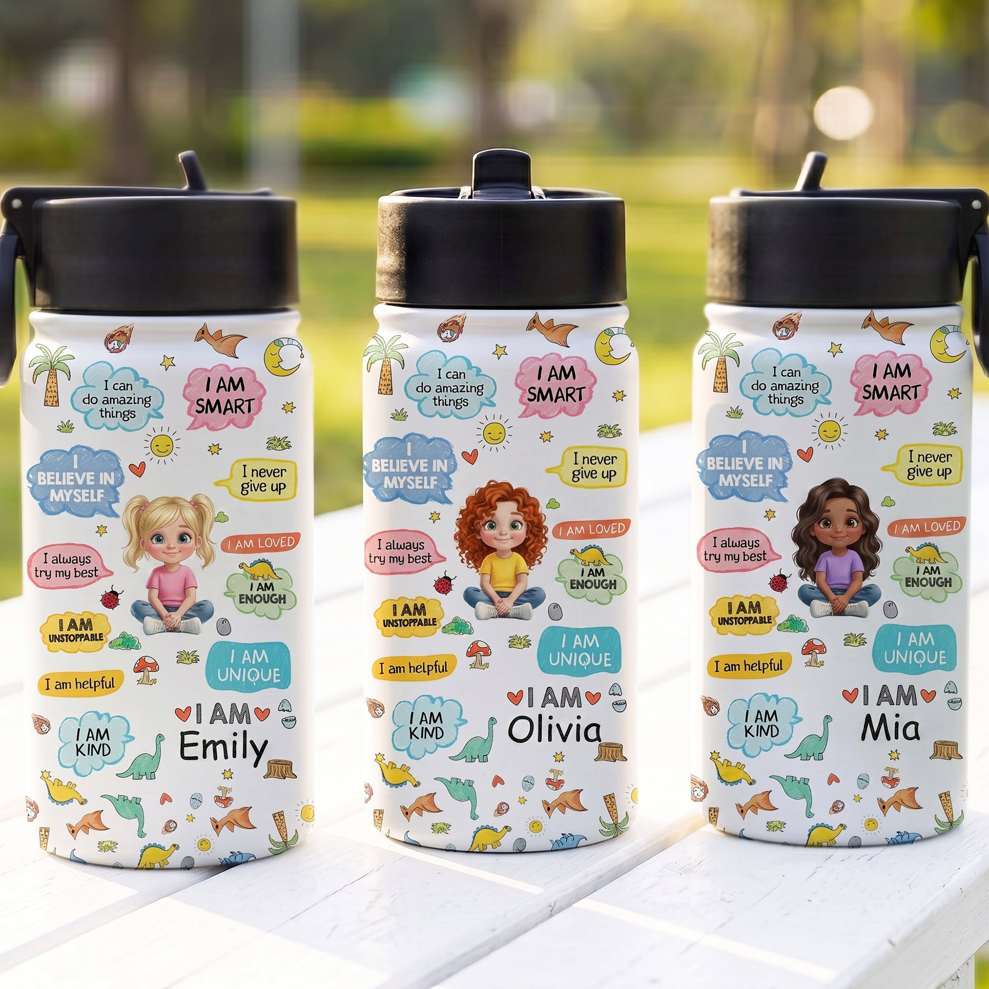 Personalized Kids Water Bottle with Straw Custom Name Dinosaur Design Kid Water Bottle GradoCreations