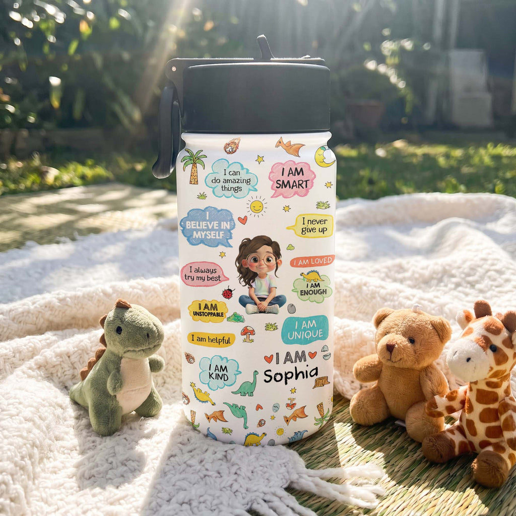 Personalized Kids Water Bottle with Straw Custom Name Dinosaur Design Kid Water Bottle GradoCreations