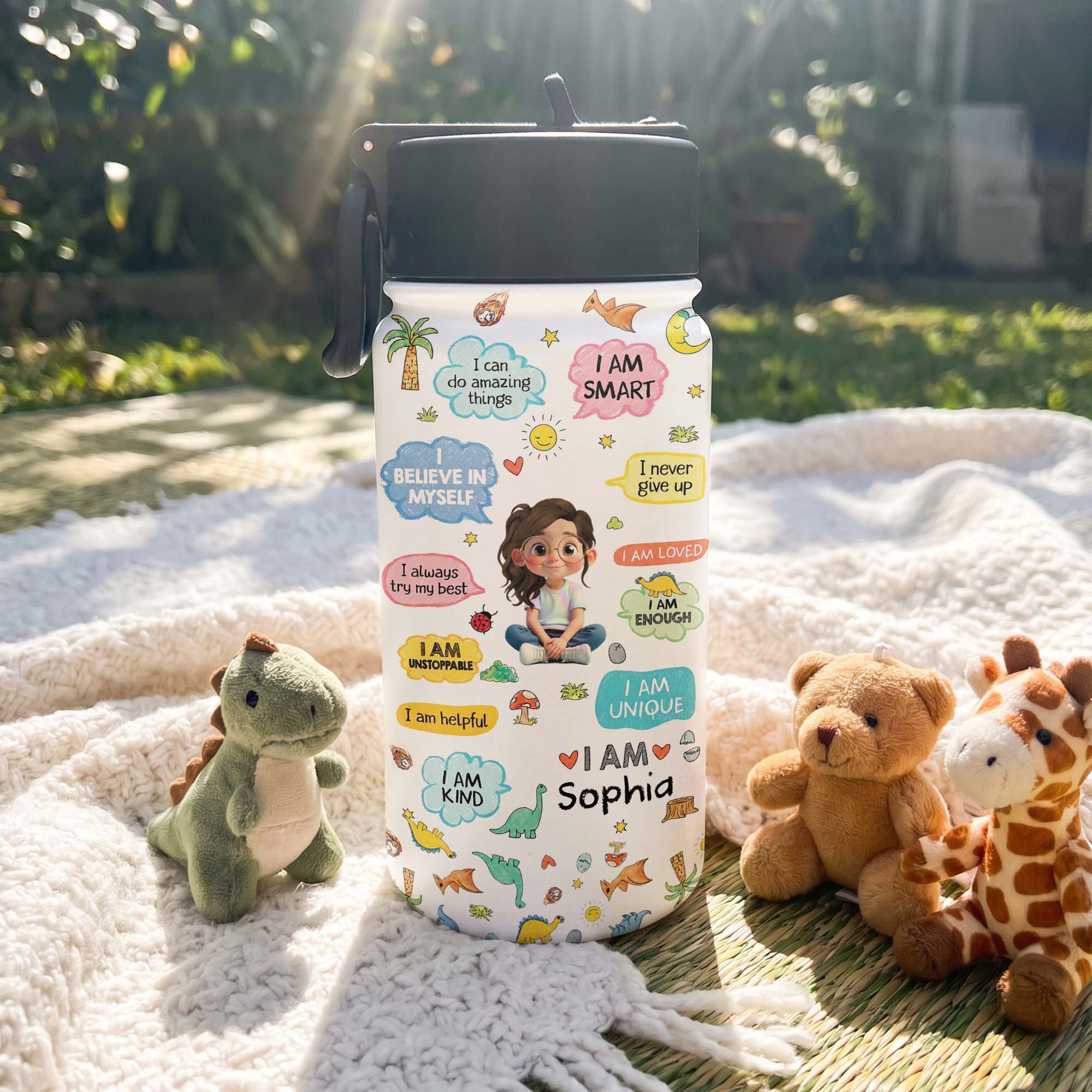 Personalized Kids Water Bottle with Straw Custom Name Dinosaur Design Kid Water Bottle GradoCreations