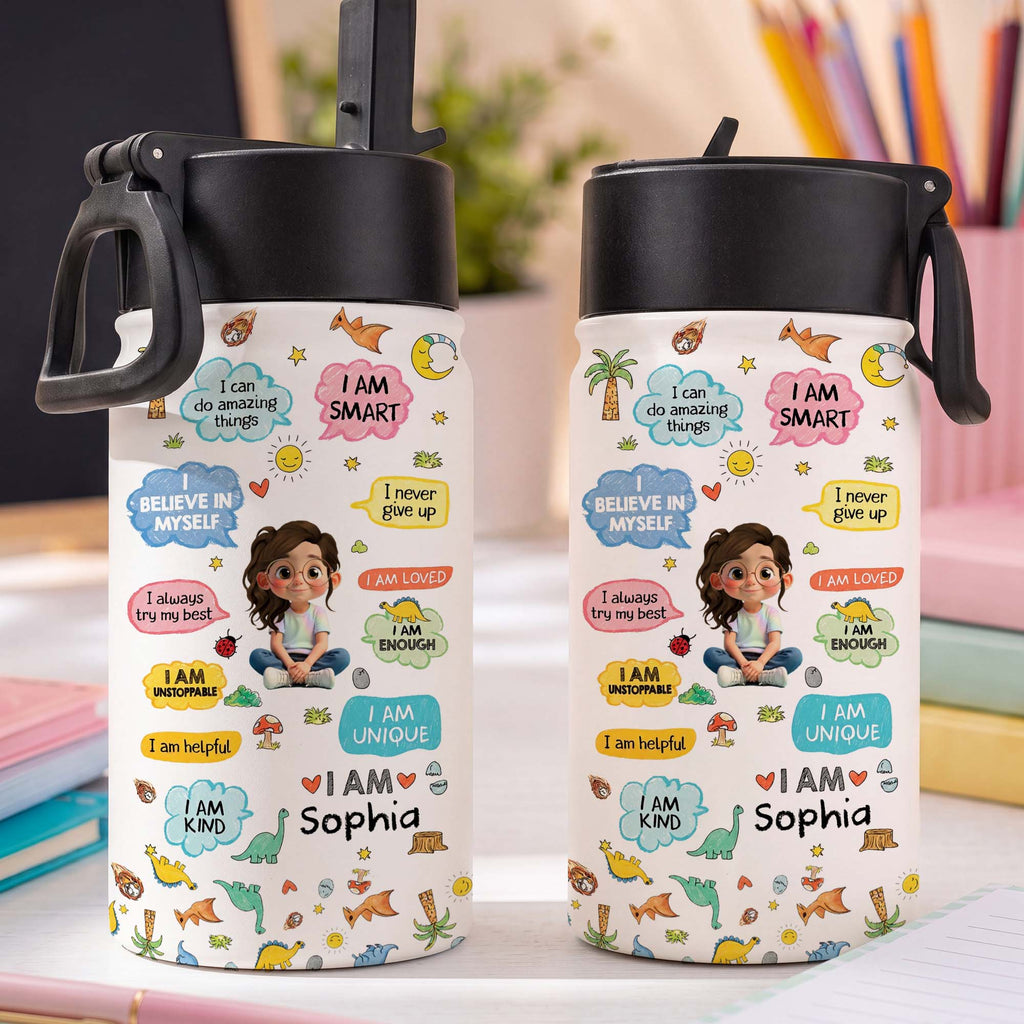 Personalized Kids Water Bottle with Straw Custom Name Dinosaur Design Kid Water Bottle GradoCreations