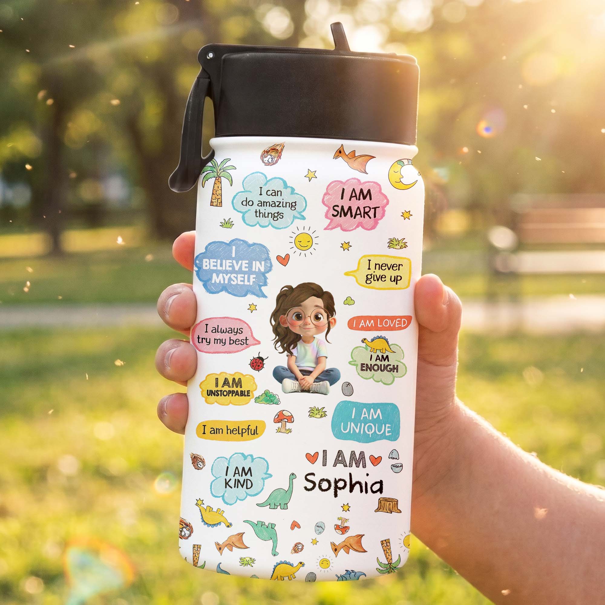 Personalized Kids Water Bottle with Straw Custom Name Dinosaur Design Kid Water Bottle GradoCreations