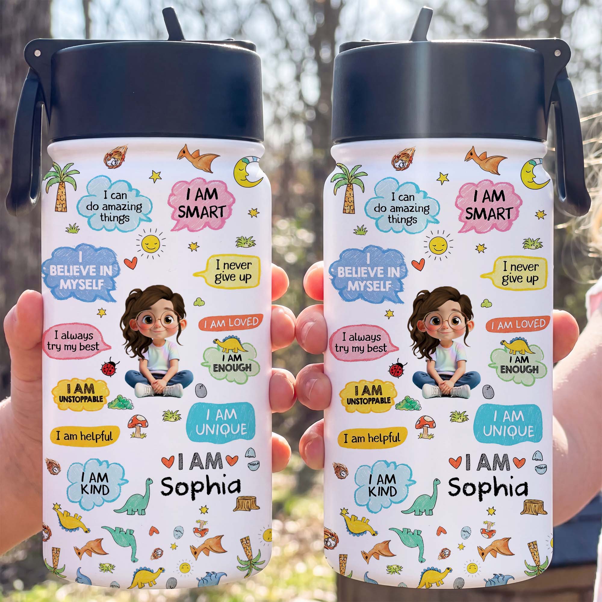 Personalized Kids Water Bottle with Straw Custom Name Dinosaur Design Kid Water Bottle GradoCreations