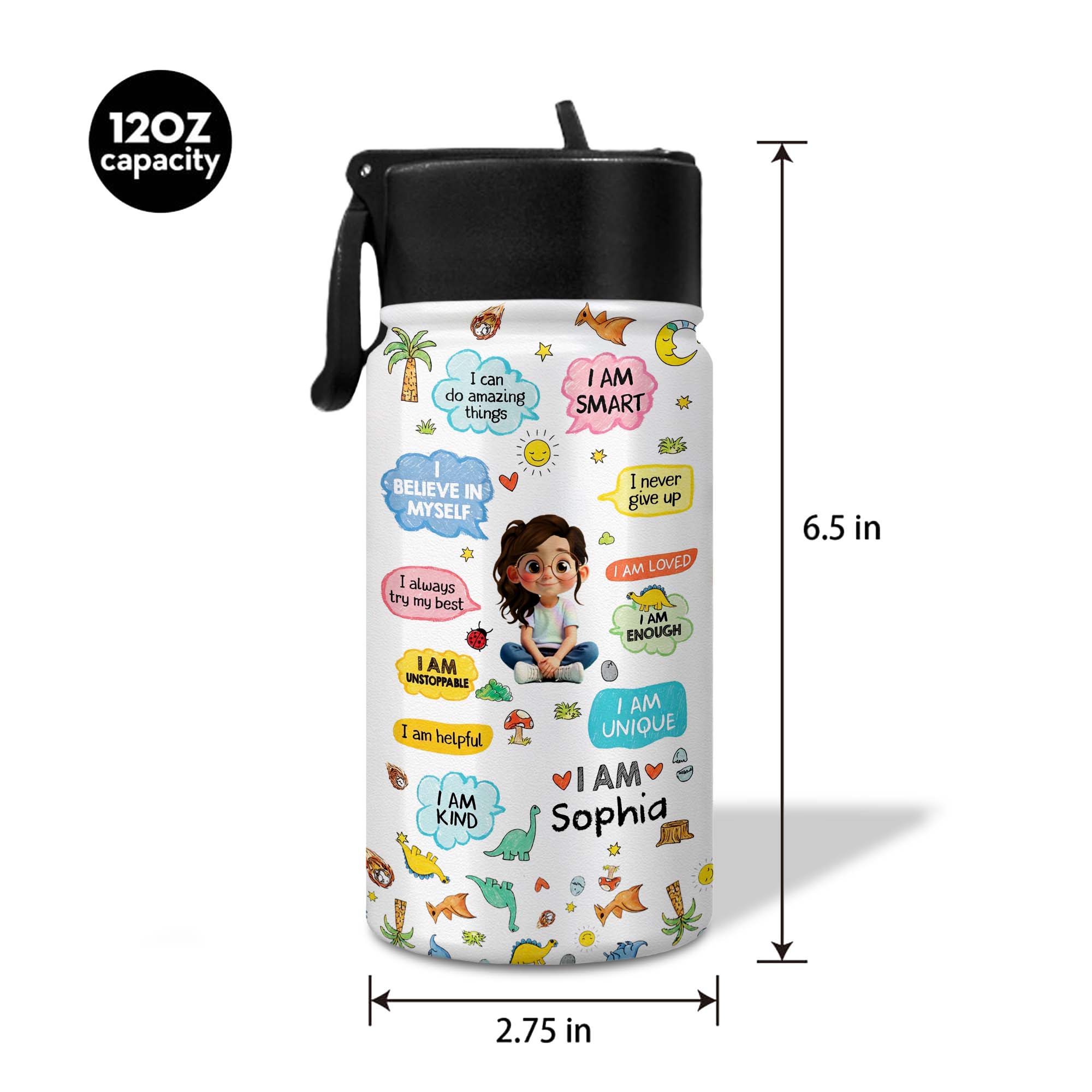 Personalized Kids Water Bottle with Straw Custom Name Dinosaur Design Kid Water Bottle GradoCreations