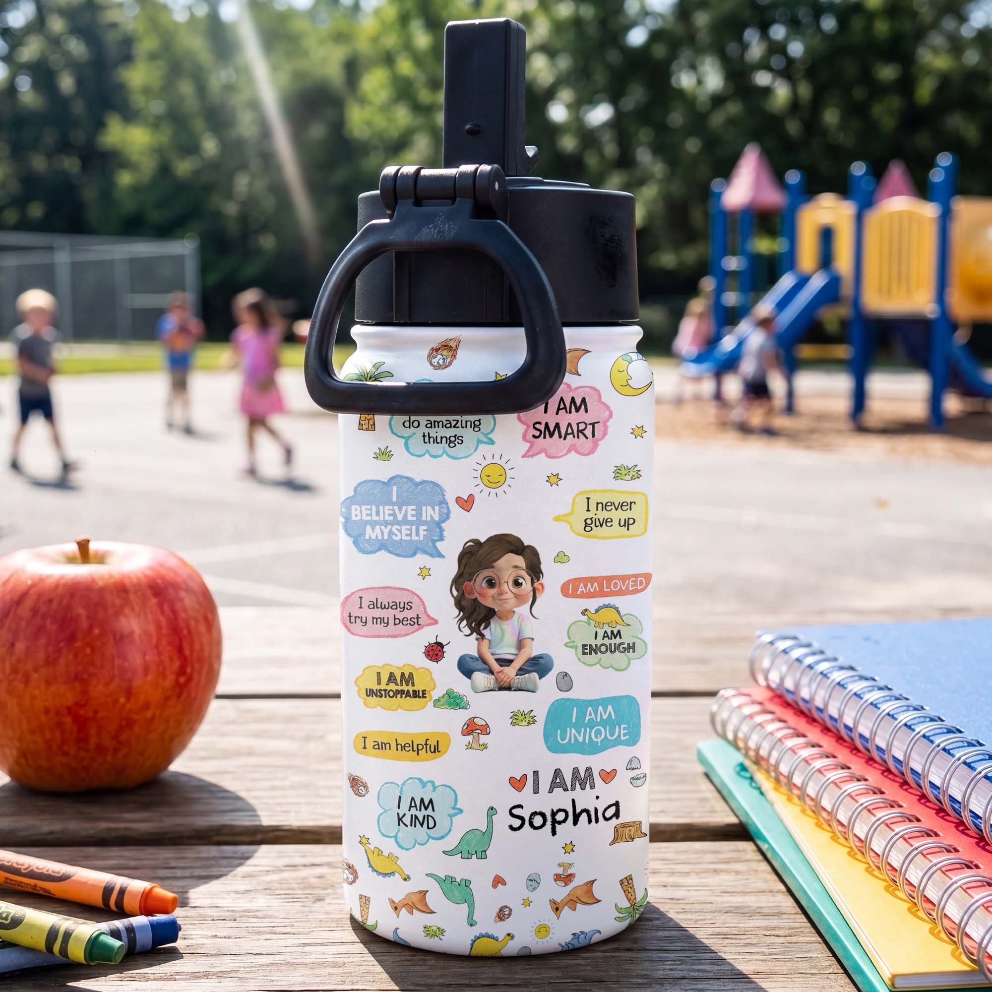 Personalized Kids Water Bottle with Straw Custom Name Dinosaur Design Kid Water Bottle GradoCreations