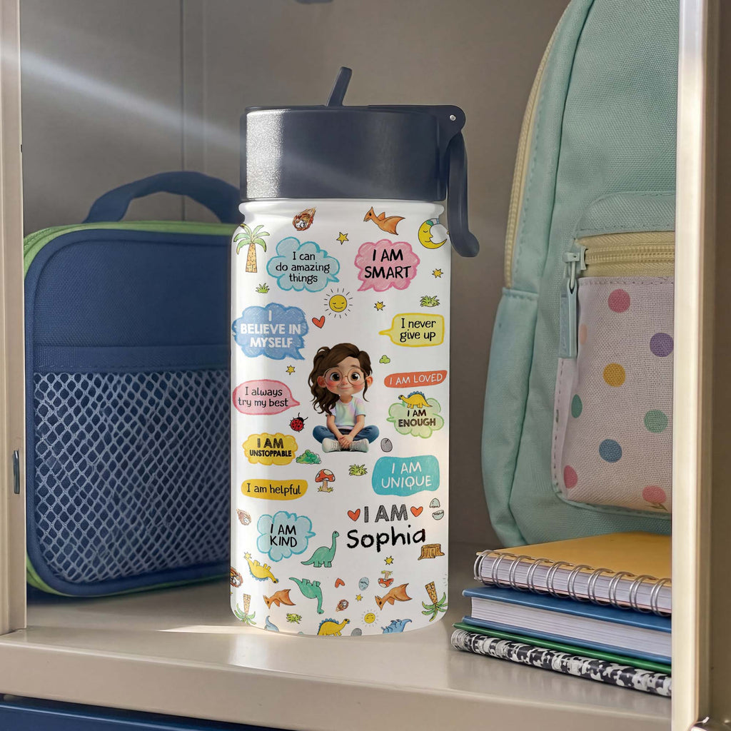 Personalized Kids Water Bottle with Straw Custom Name Dinosaur Design Kid Water Bottle GradoCreations