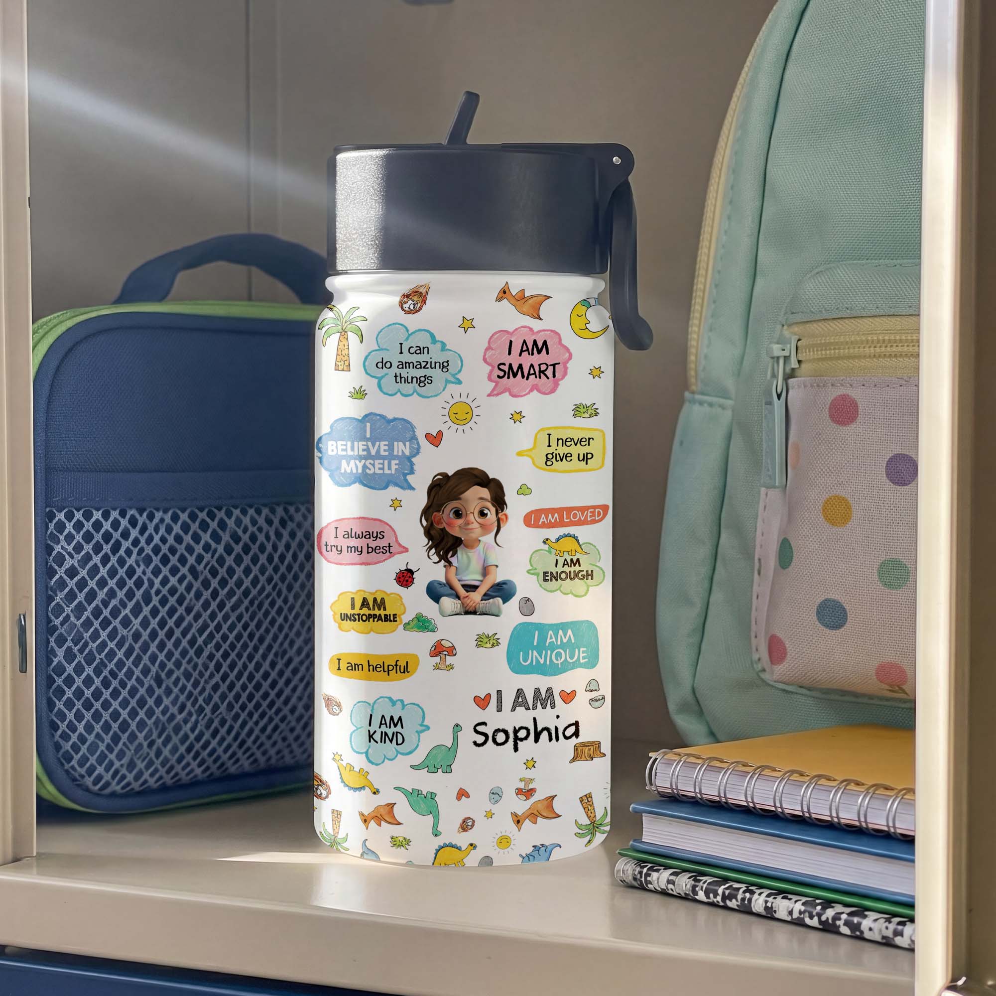 Personalized Kids Water Bottle with Straw Custom Name Dinosaur Design Kid Water Bottle GradoCreations