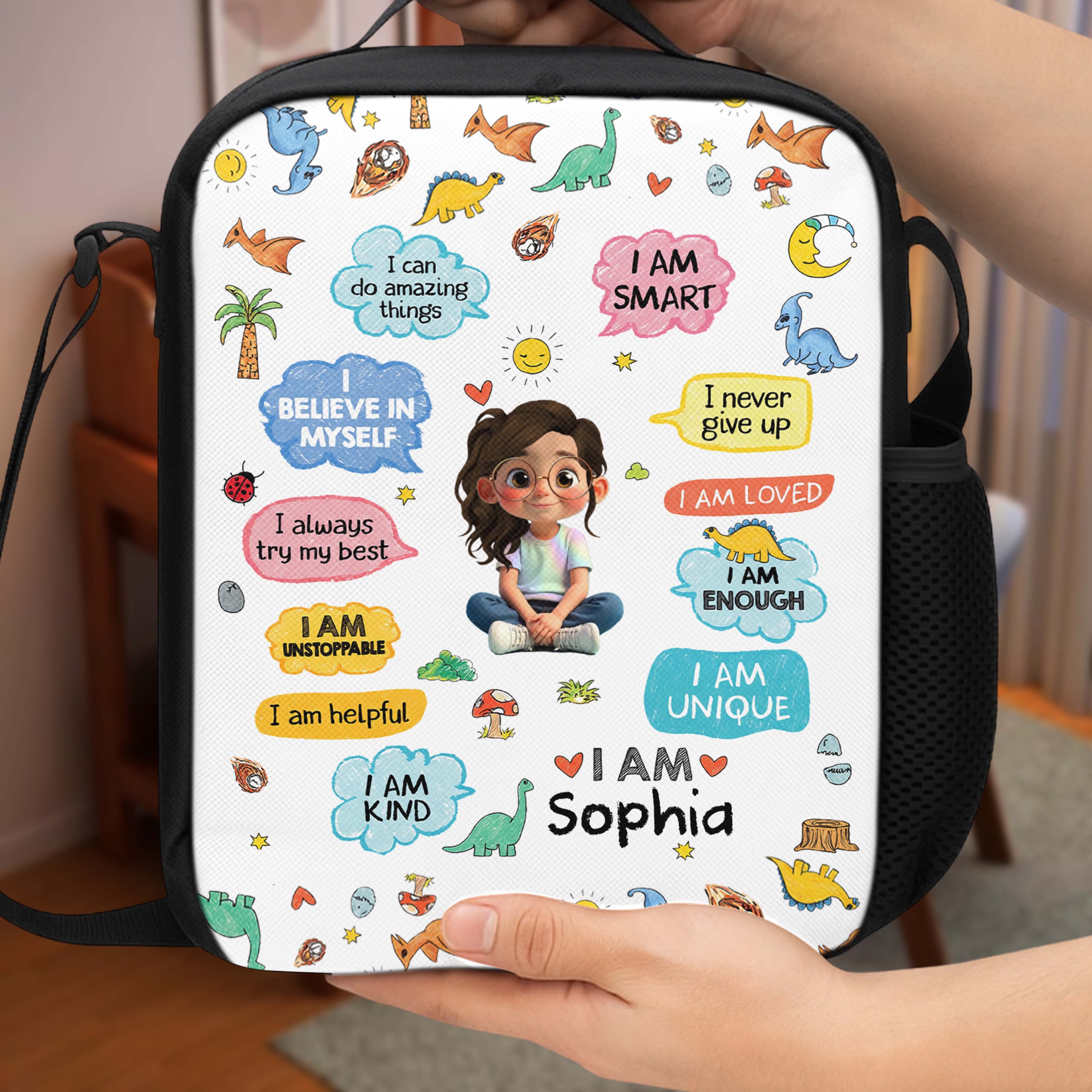 Personalized Kids Lunch Bag with Dinosaurs & Affirmations Lunch Bags GradoCreations
