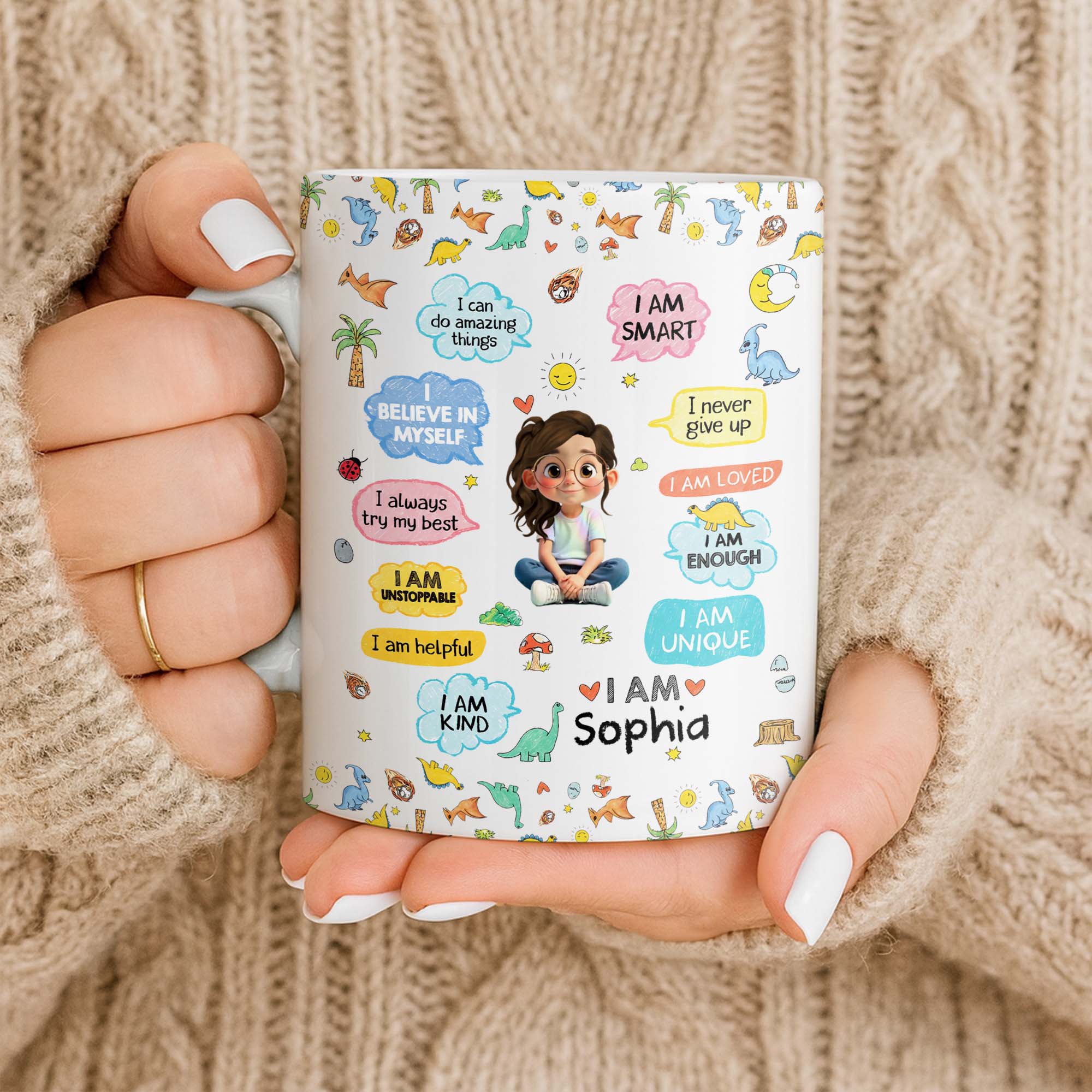 Personalized Dinosaur Affirmations Coffee Mug for Kids Edge-to-edge Mug GradoCreations
