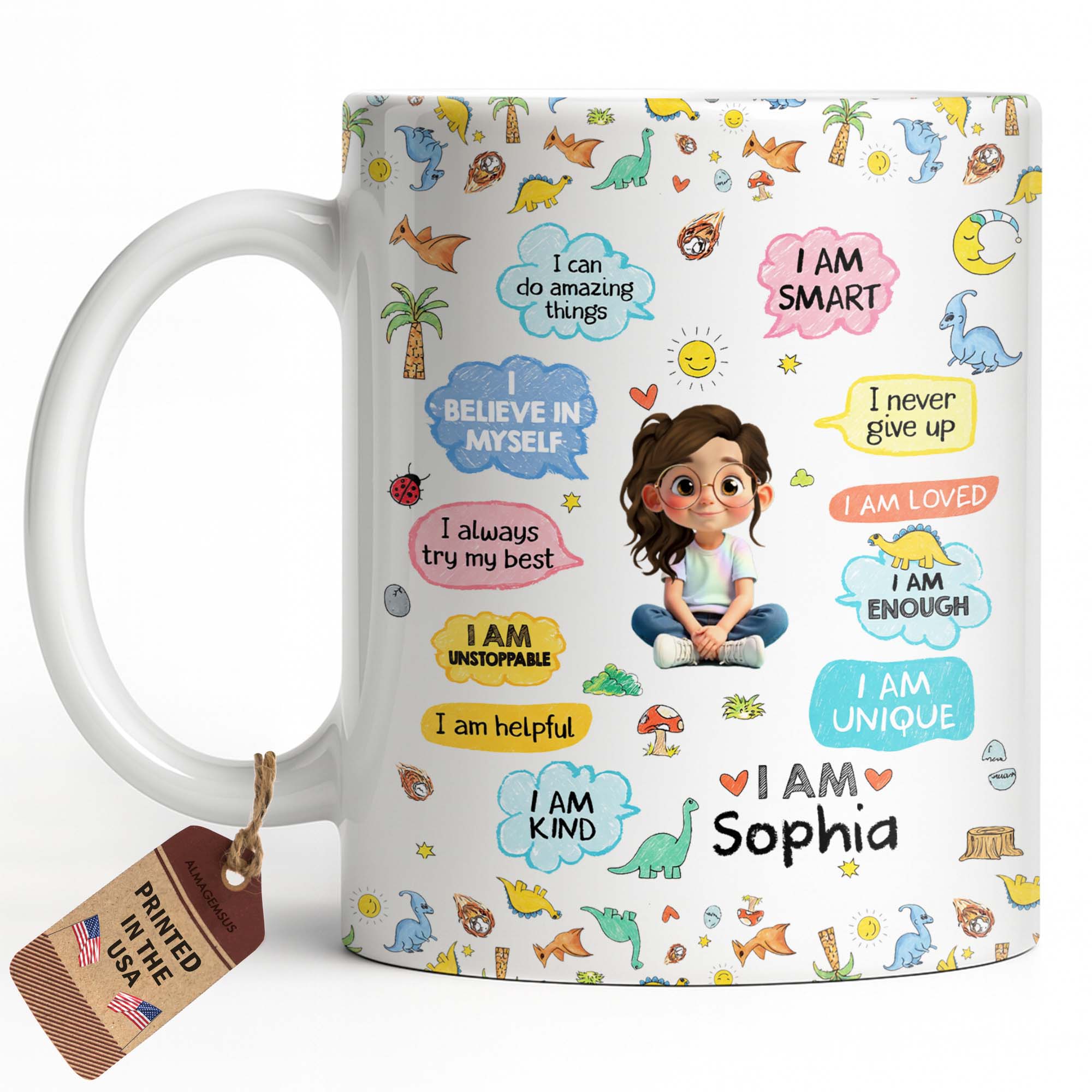 Personalized Dinosaur Affirmations Coffee Mug for Kids Edge-to-edge Mug GradoCreations
