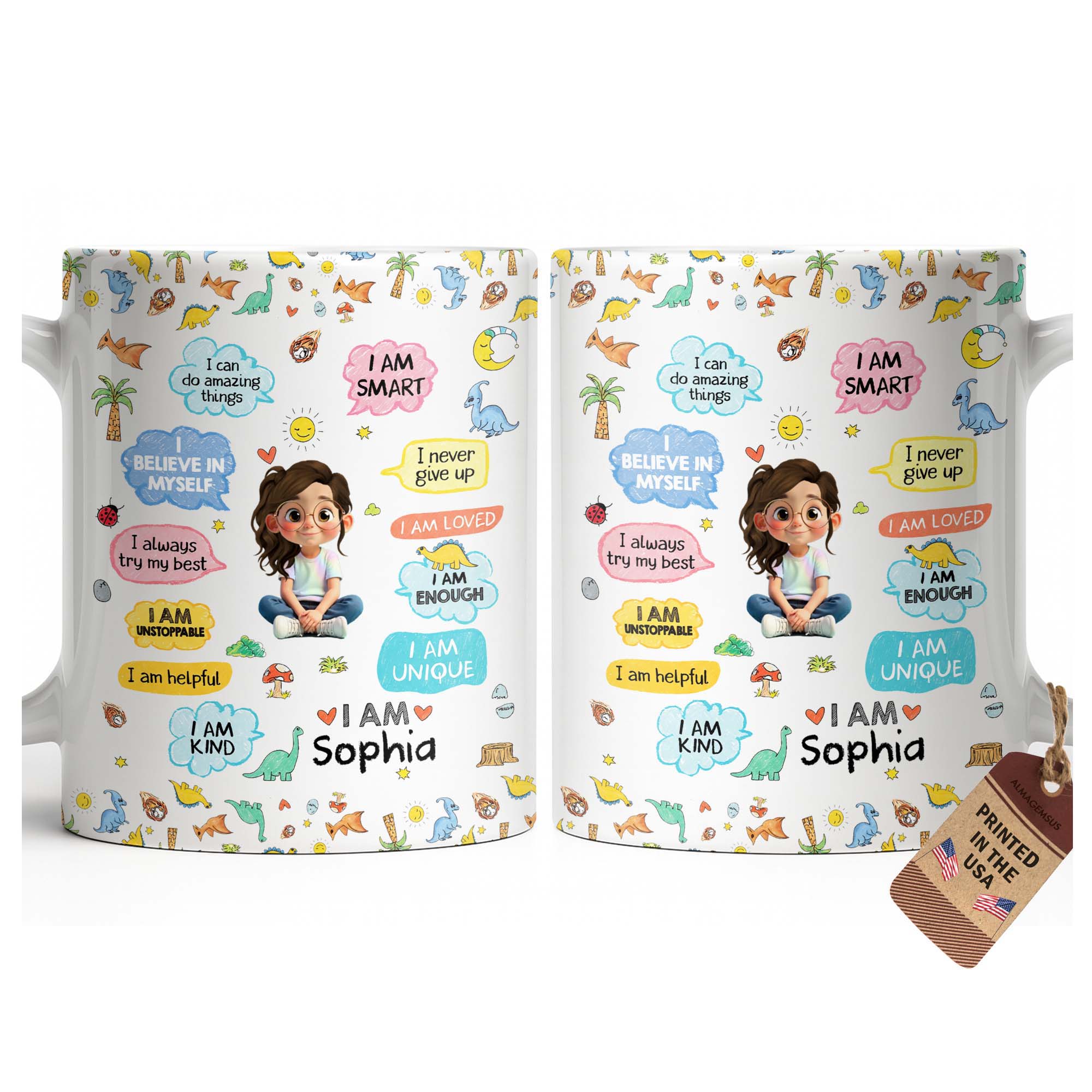 Personalized Dinosaur Affirmations Coffee Mug for Kids Edge-to-edge Mug GradoCreations