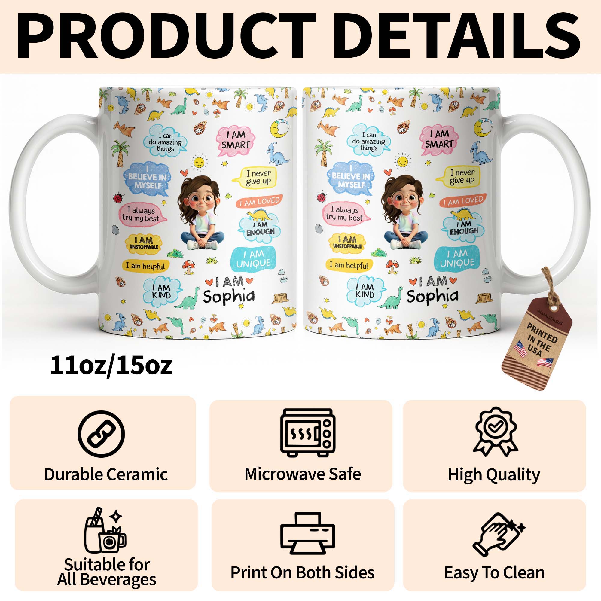 Personalized Dinosaur Affirmations Coffee Mug for Kids Edge-to-edge Mug GradoCreations