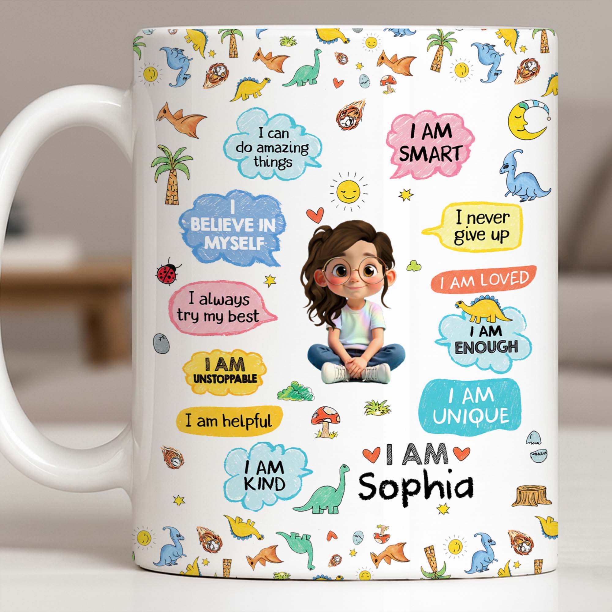 Personalized Dinosaur Affirmations Coffee Mug for Kids Edge-to-edge Mug GradoCreations