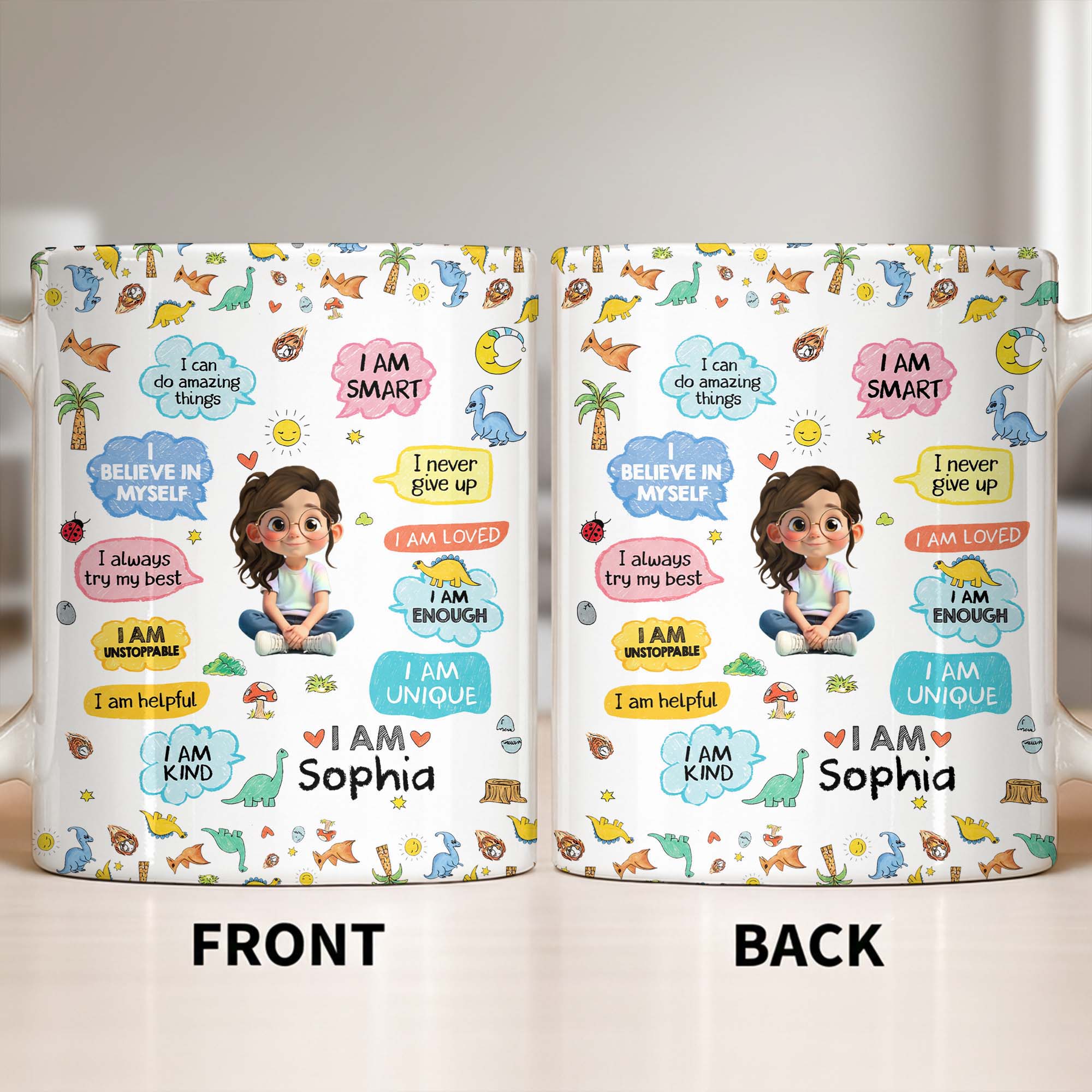 Personalized Dinosaur Affirmations Coffee Mug for Kids Edge-to-edge Mug GradoCreations