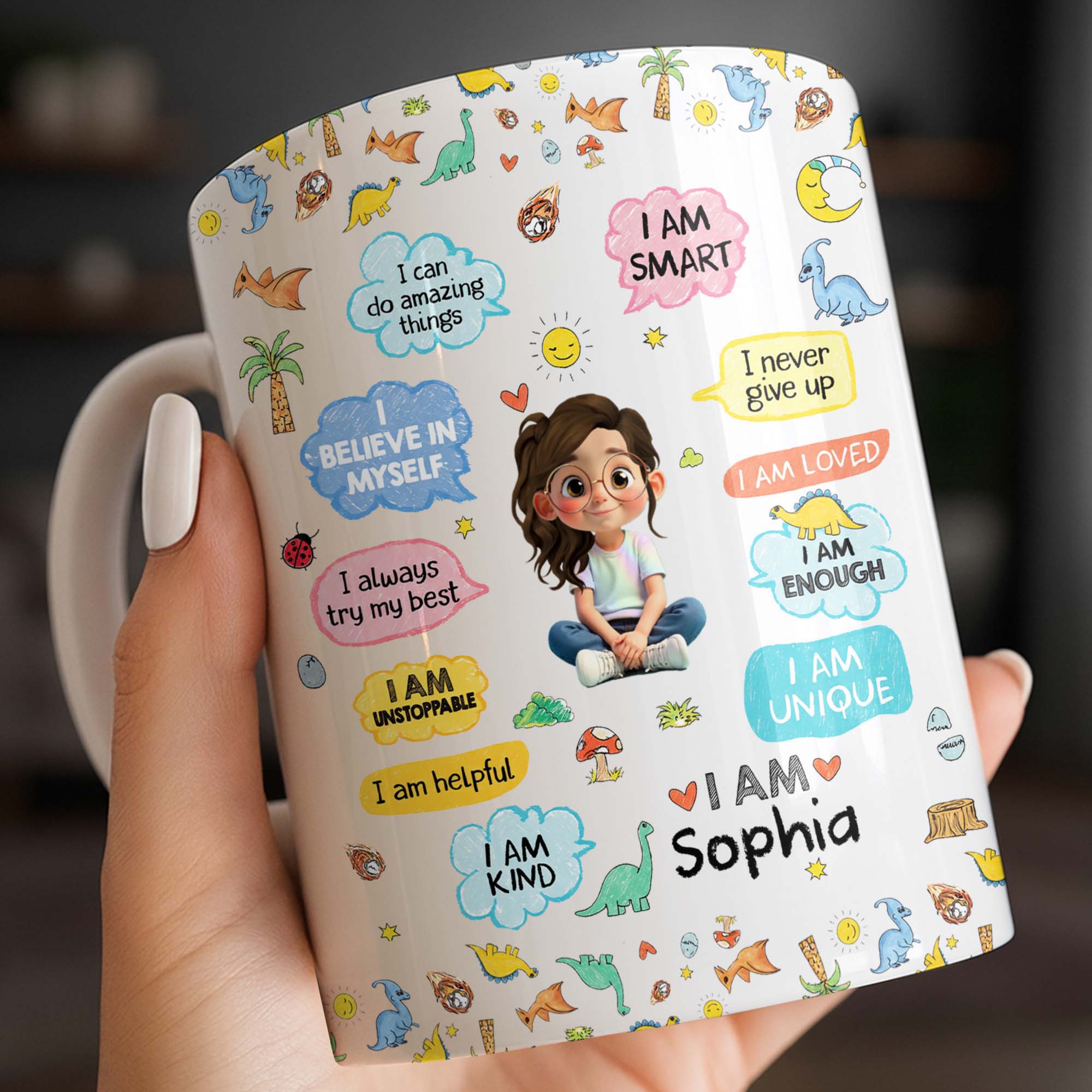 Personalized Dinosaur Affirmations Coffee Mug for Kids Edge-to-edge Mug GradoCreations