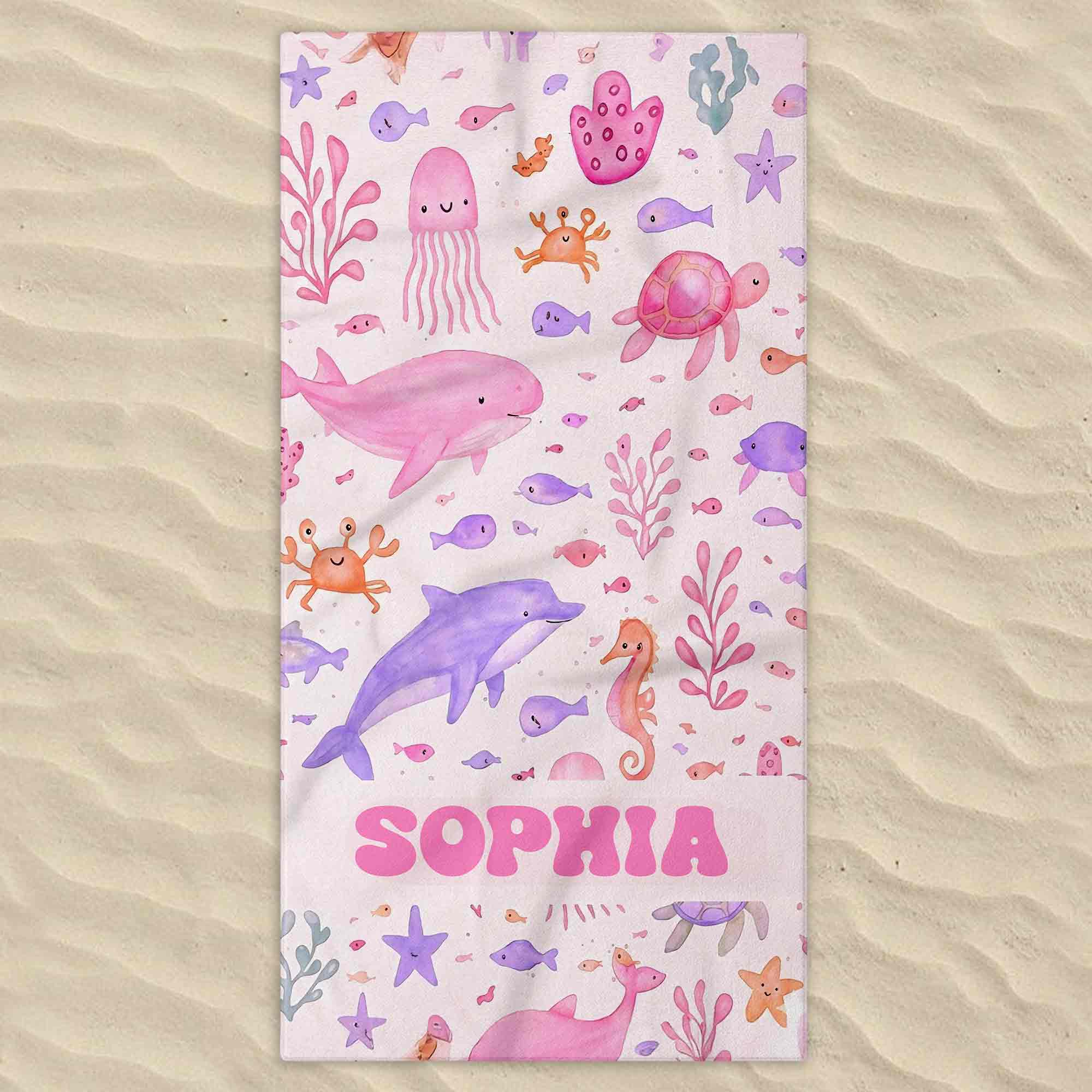 Personalized Beach Towel Cute Underwater Creatures for Kids Beach Towels GradoCreations