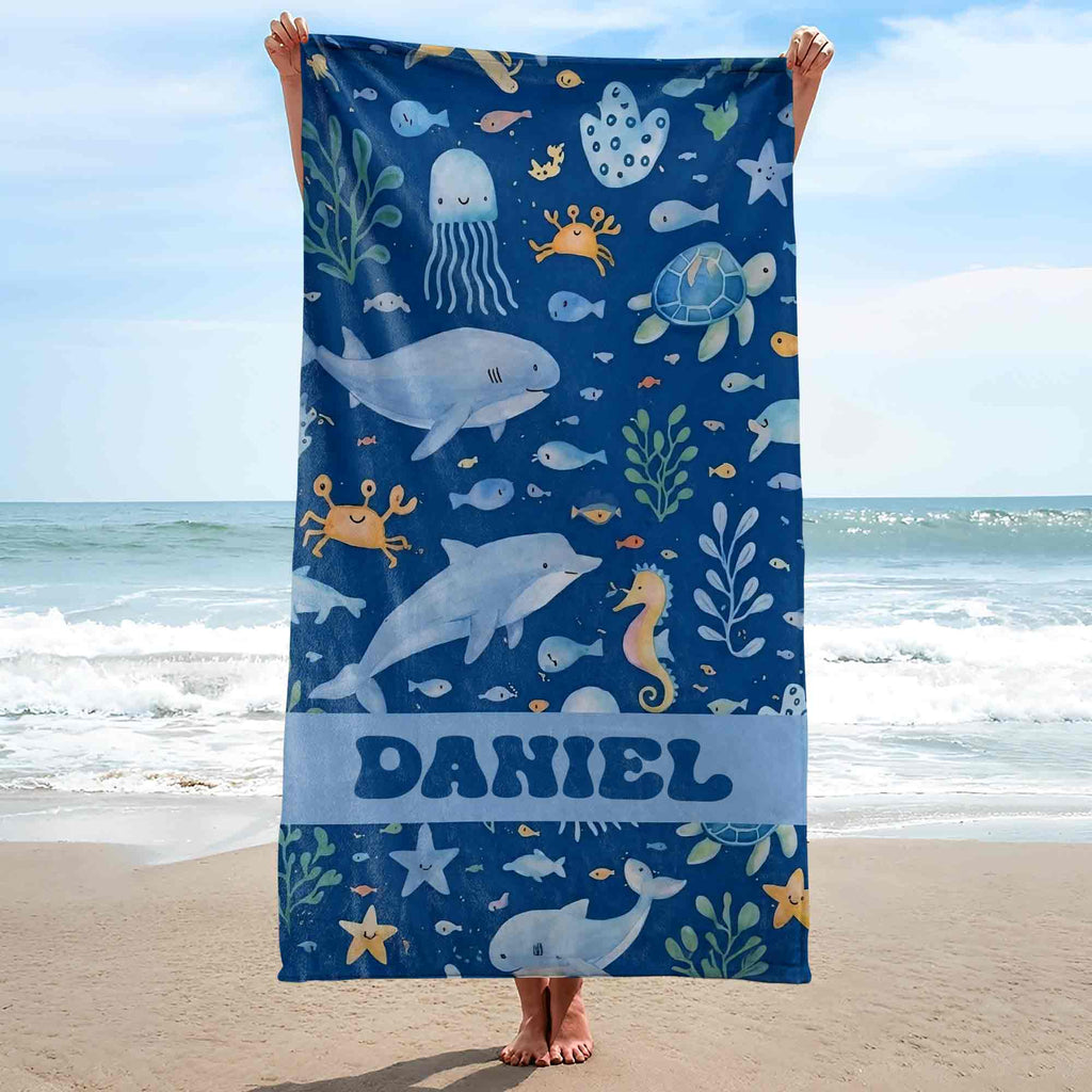 Personalized Beach Towel Cute Underwater Creatures for Kids Beach Towels GradoCreations