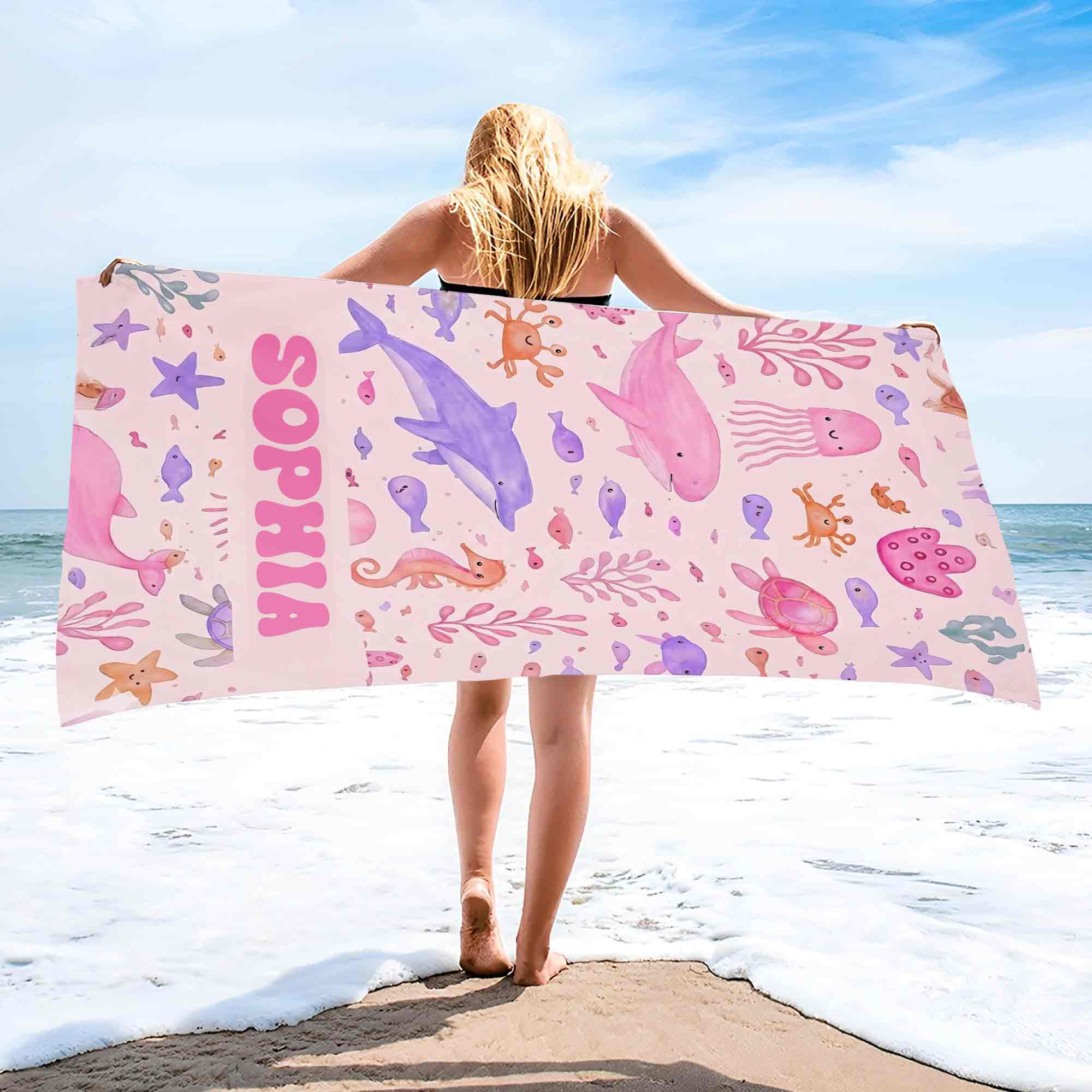 Personalized Beach Towel Cute Underwater Creatures for Kids Beach Towels GradoCreations