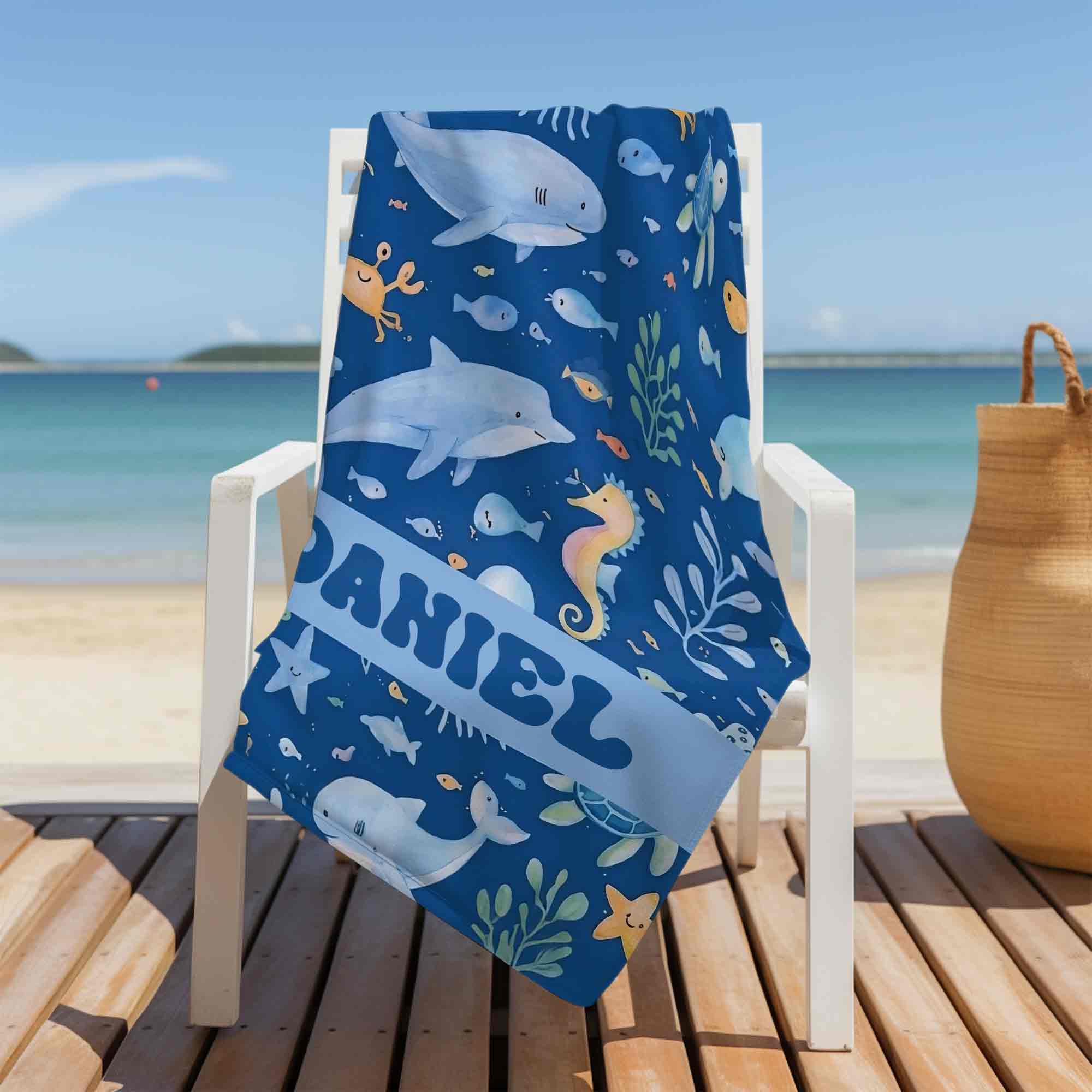 Personalized Beach Towel Cute Underwater Creatures for Kids Beach Towels GradoCreations