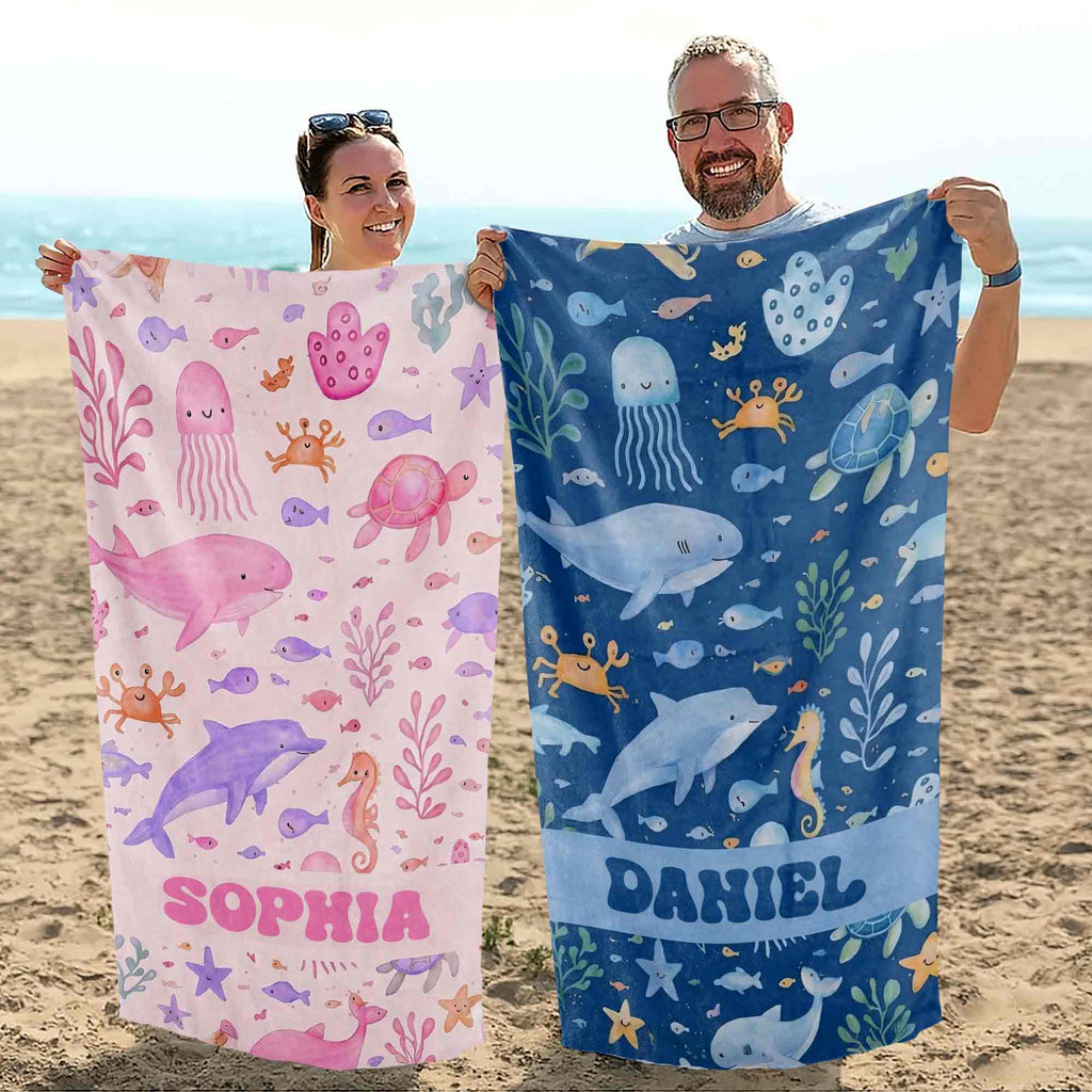 Personalized Beach Towel Cute Underwater Creatures for Kids Beach Towels GradoCreations