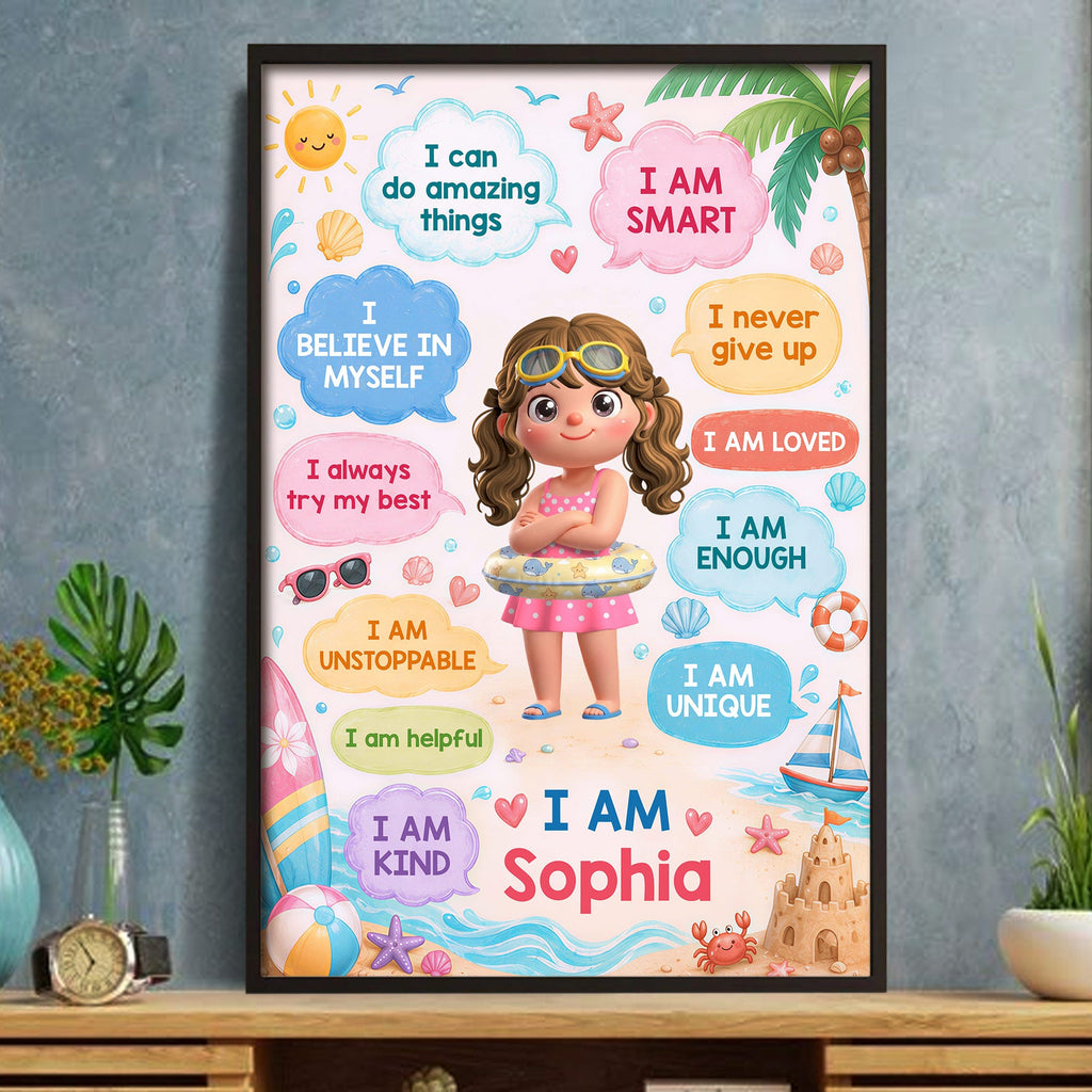 Personalized Summer Beach Affirmations Poster for Kids Custom Wall Art Poster GradoCreations