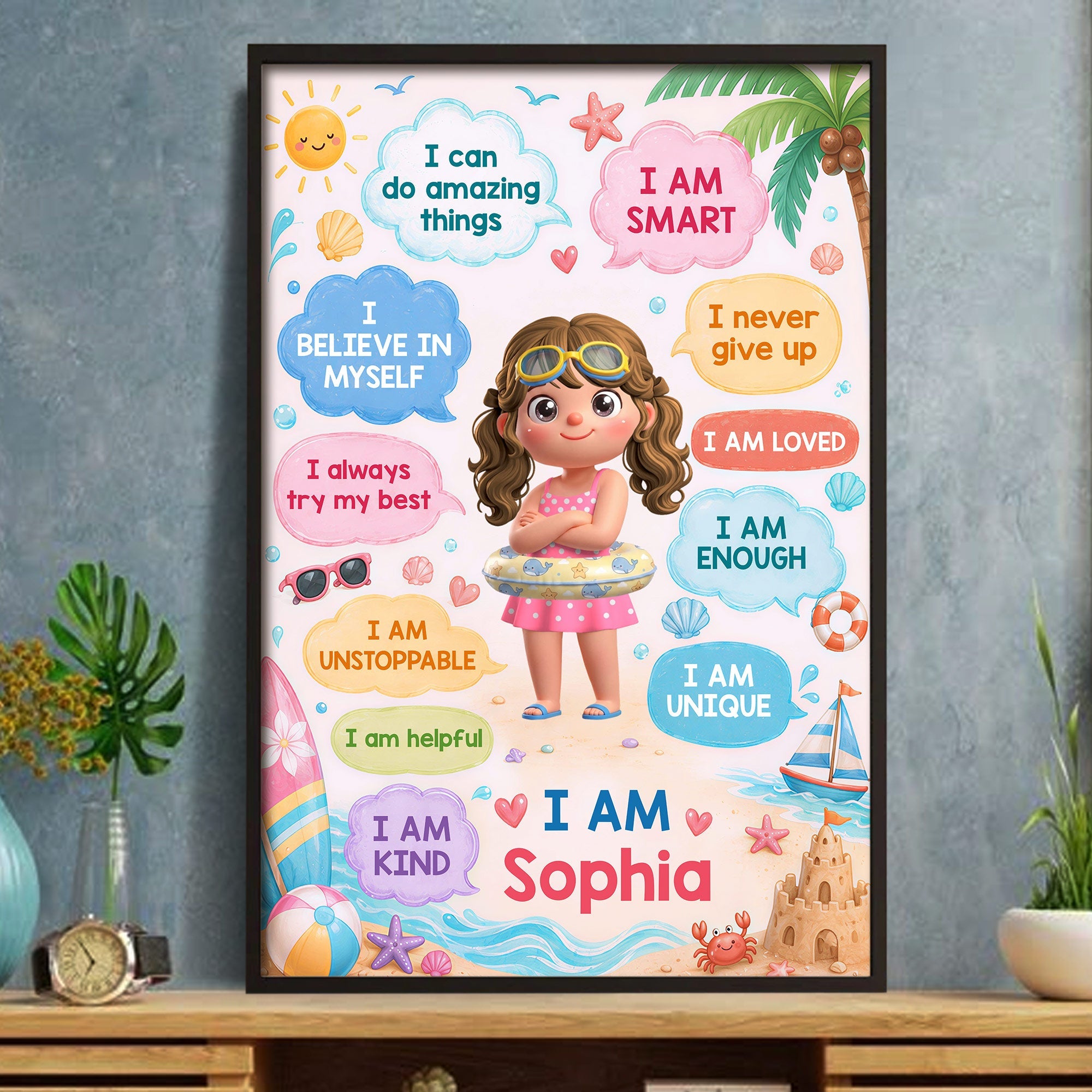 Personalized Summer Beach Affirmations Poster for Kids Custom Wall Art Poster GradoCreations