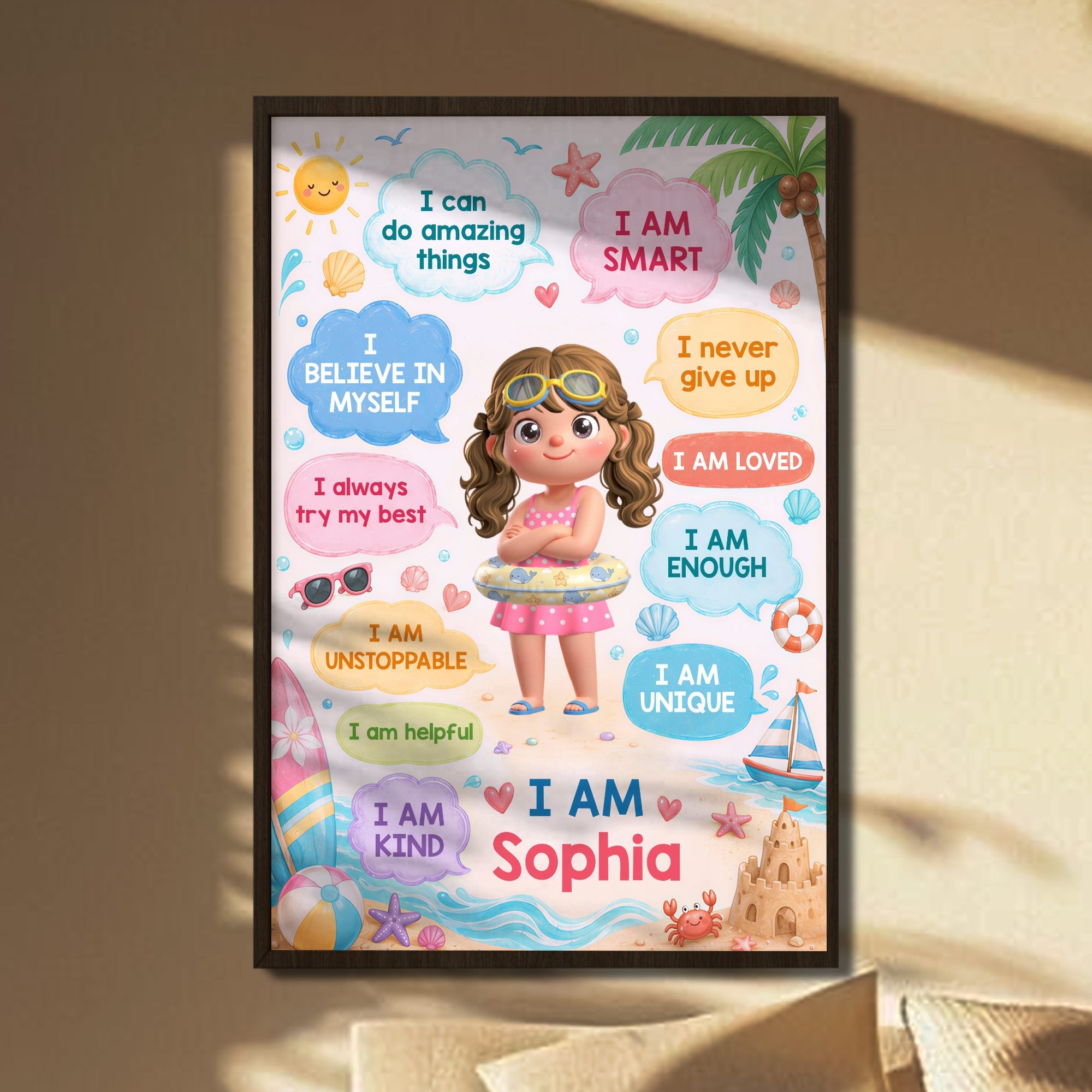 Personalized Summer Beach Affirmations Poster for Kids Custom Wall Art Poster GradoCreations