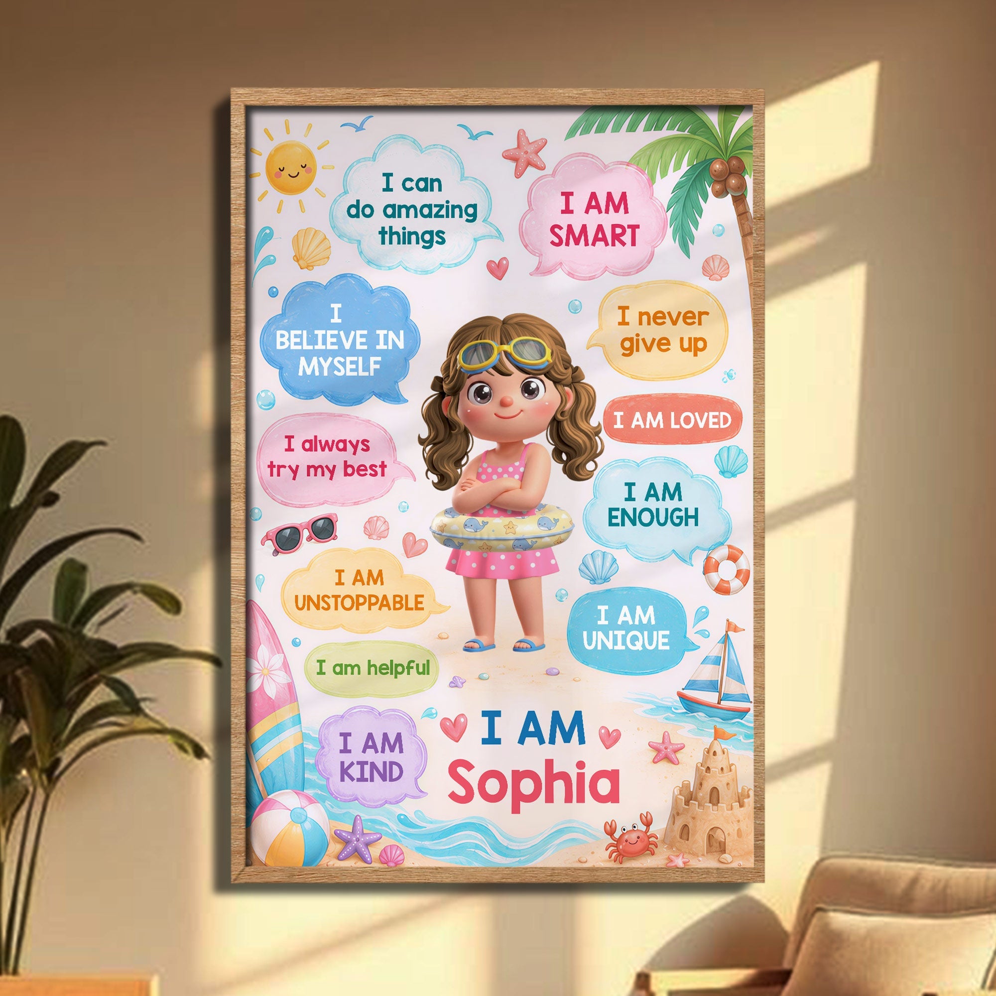 Personalized Summer Beach Affirmations Poster for Kids Custom Wall Art Poster GradoCreations