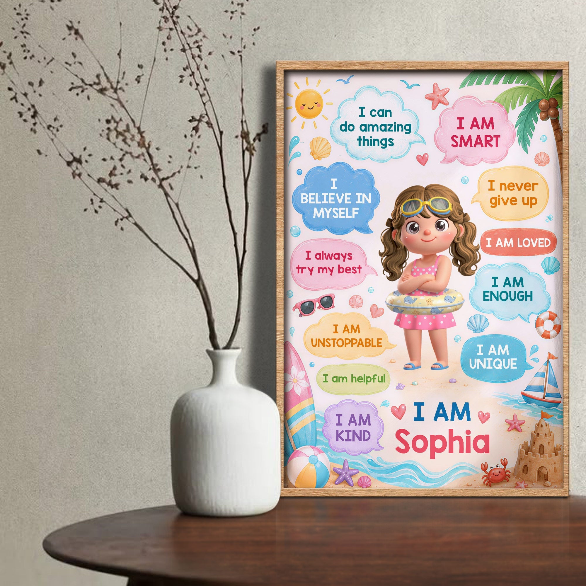 Personalized Summer Beach Affirmations Poster for Kids Custom Wall Art Poster GradoCreations