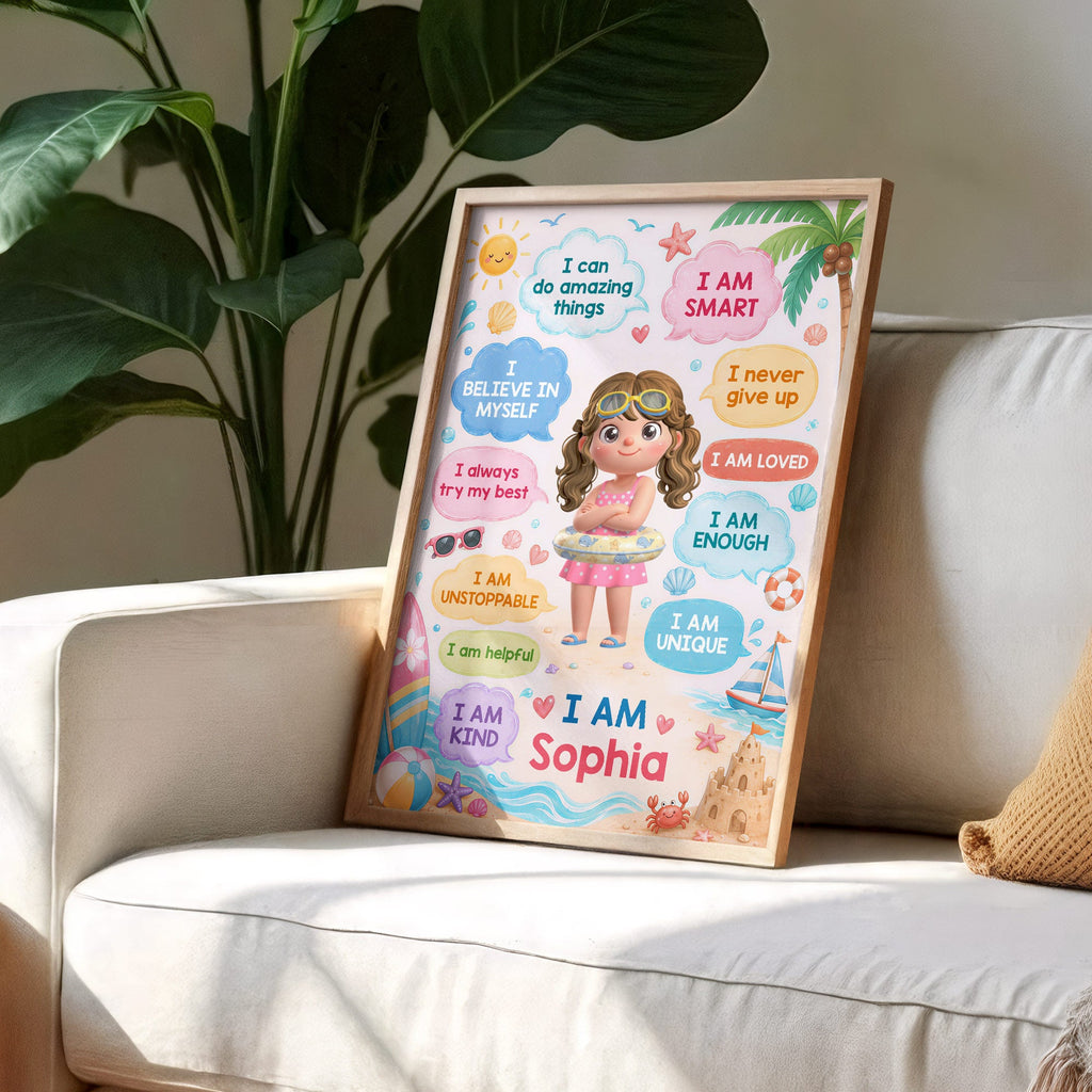 Personalized Summer Beach Affirmations Poster for Kids Custom Wall Art Poster GradoCreations