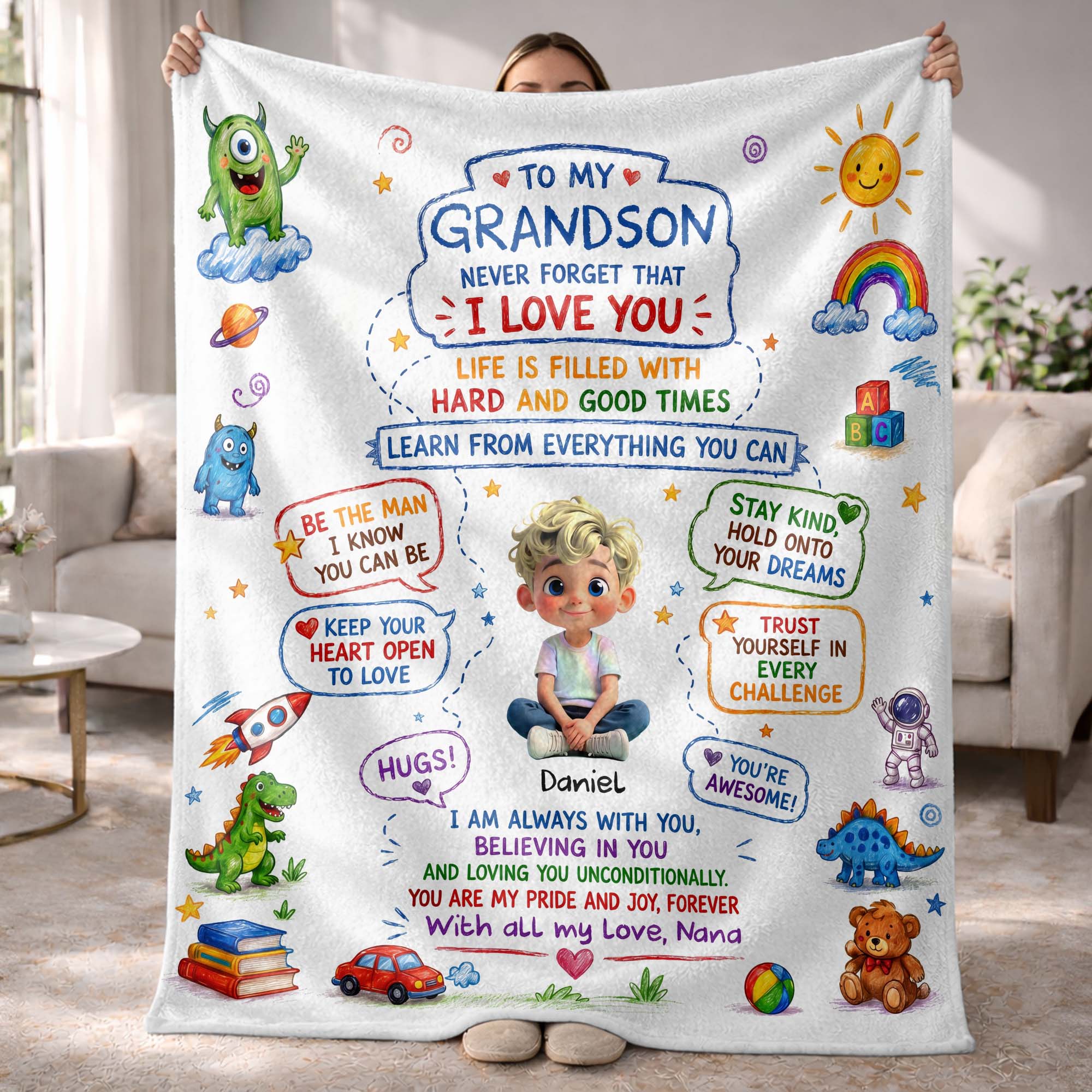 Personalized Custom Blanket with Crayon Art for Grandson Blanket GradoCreations