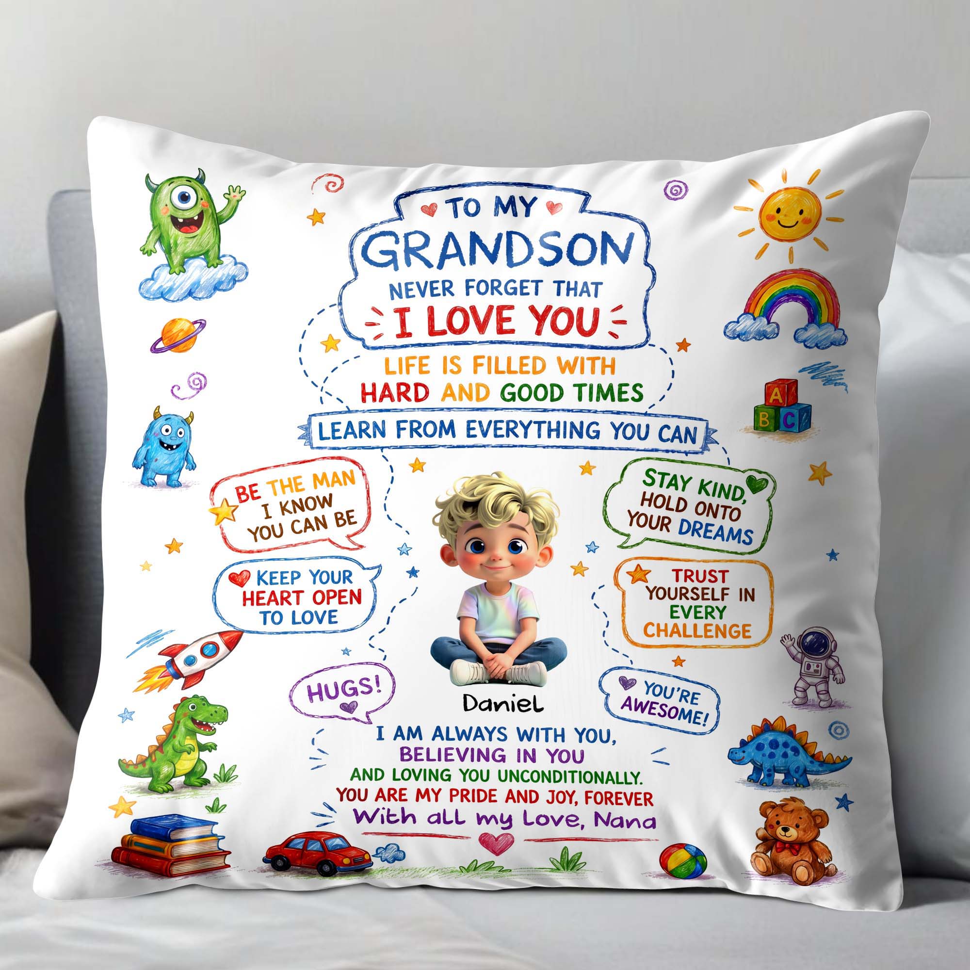 Personalized Dinosaur Pillow Custom Message Gift for Grandson Pillow GradoCreations
