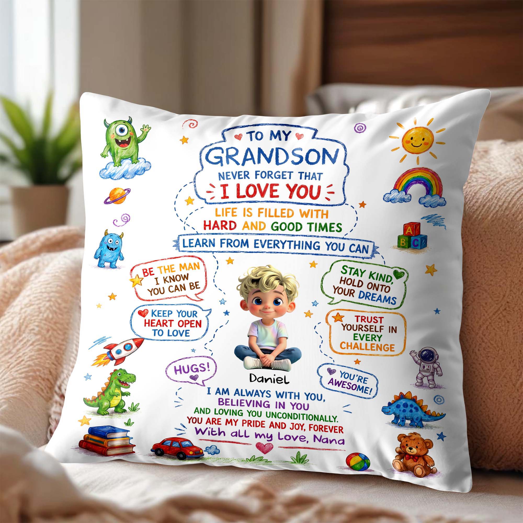 Personalized Dinosaur Pillow Custom Message Gift for Grandson Pillow GradoCreations