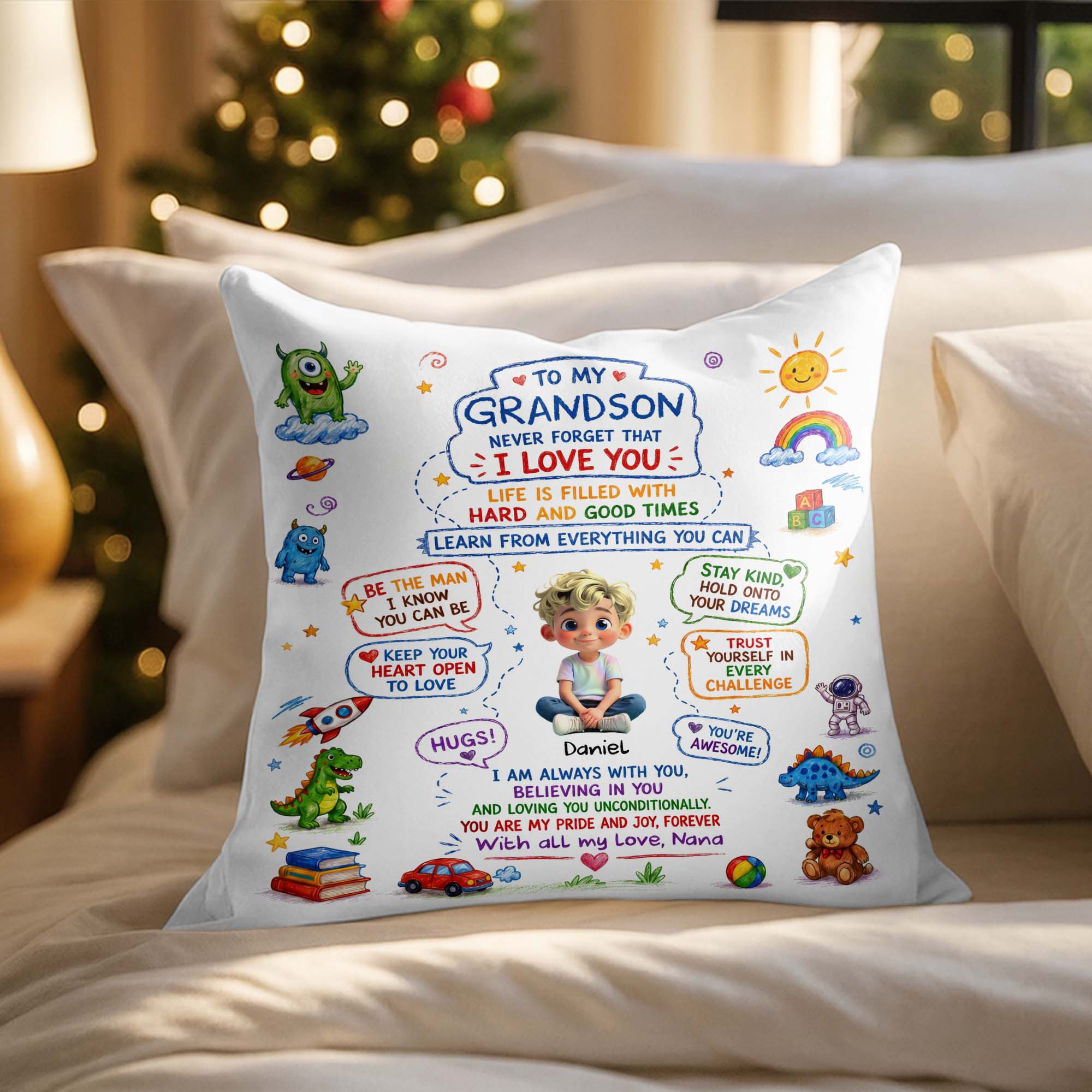 Personalized Dinosaur Pillow Custom Message Gift for Grandson Pillow GradoCreations