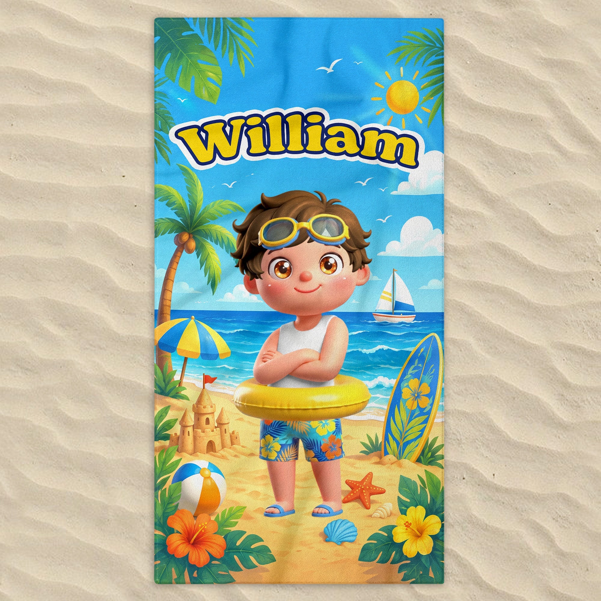Personalized Kids Beach Towel Custom Name Surfboard Gift Beach Towels GradoCreations