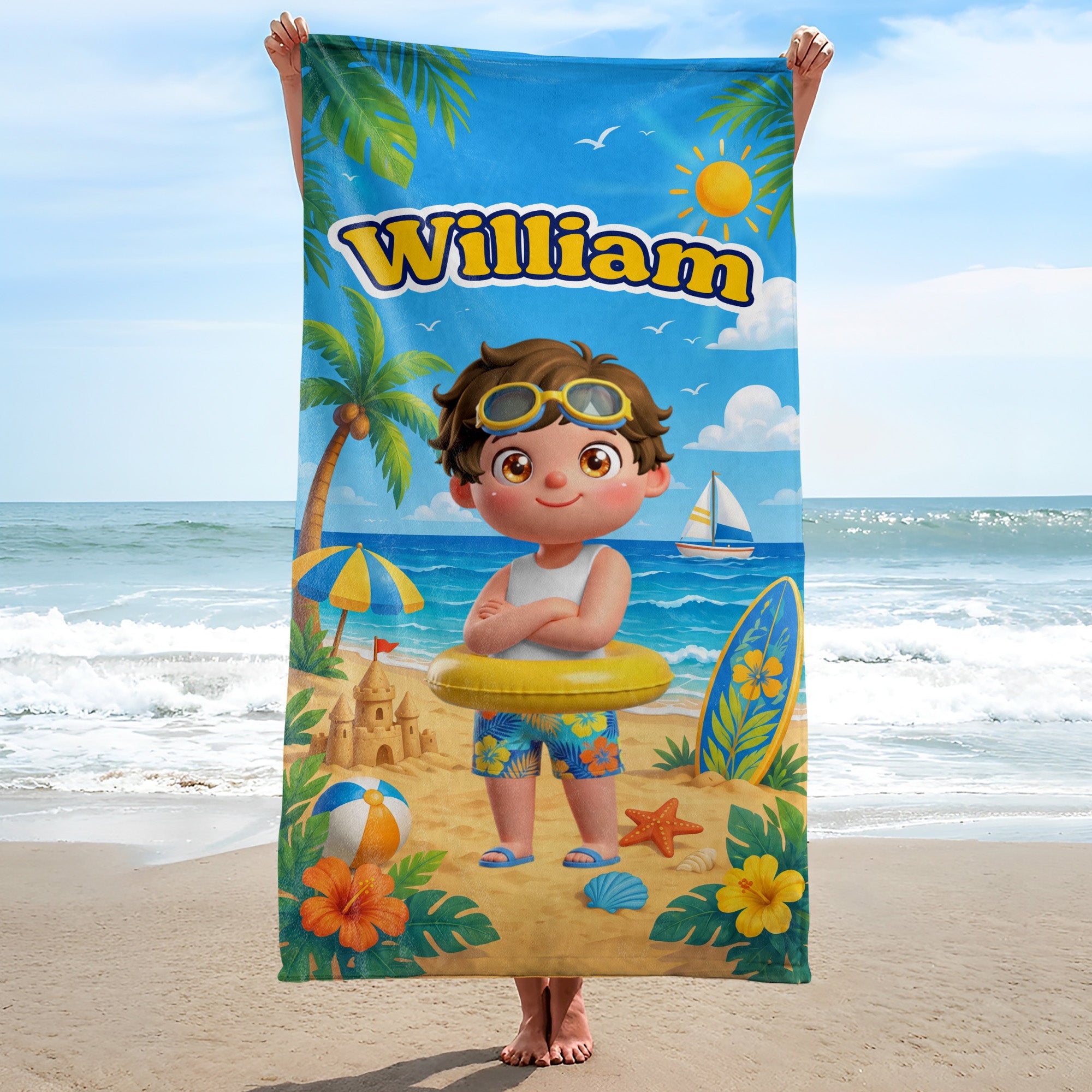 Personalized Kids Beach Towel Custom Name Surfboard Gift Beach Towels GradoCreations
