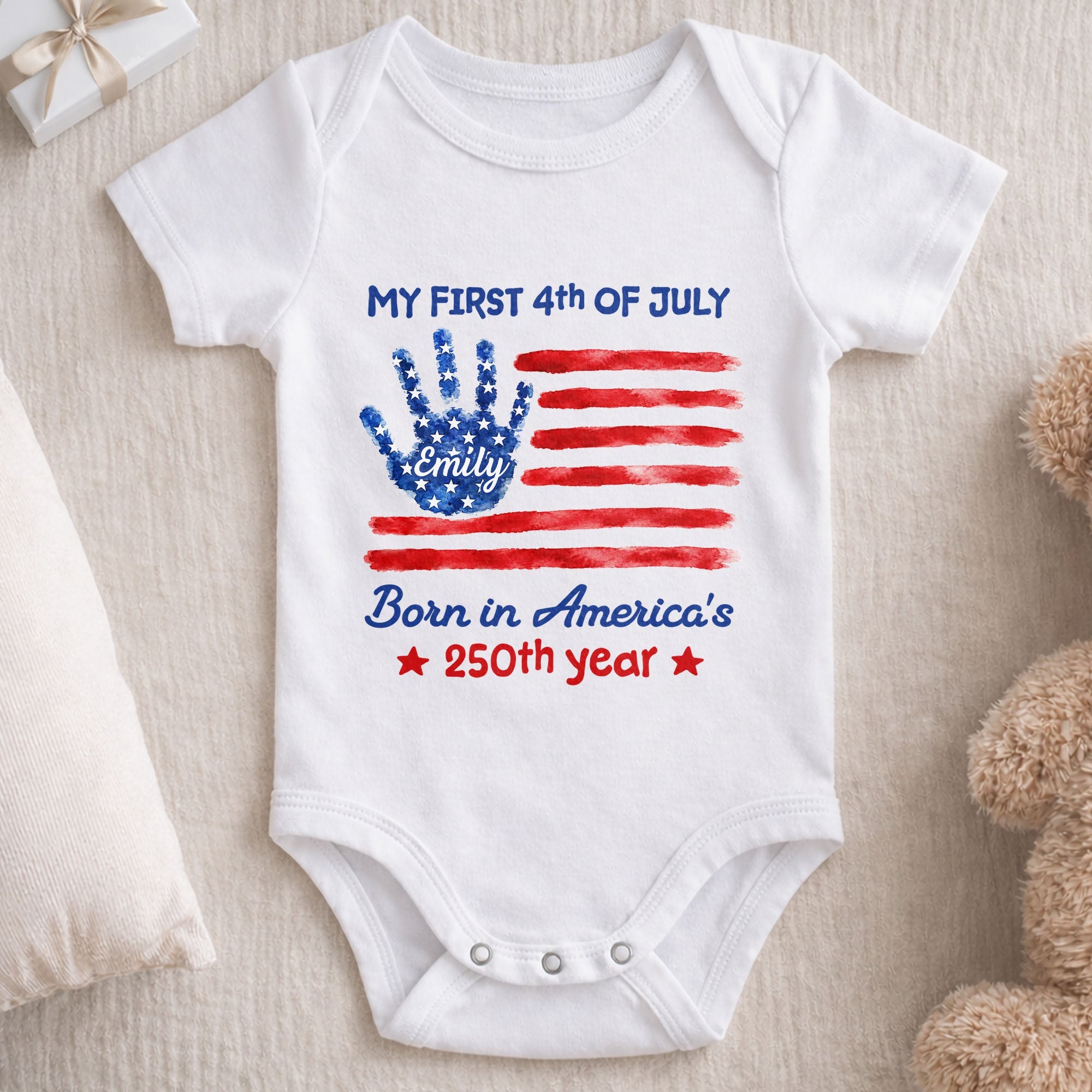 Personalized 4th of July Handprint Baby Onesie Custom Name Gift Baby Onesie GradoCreations