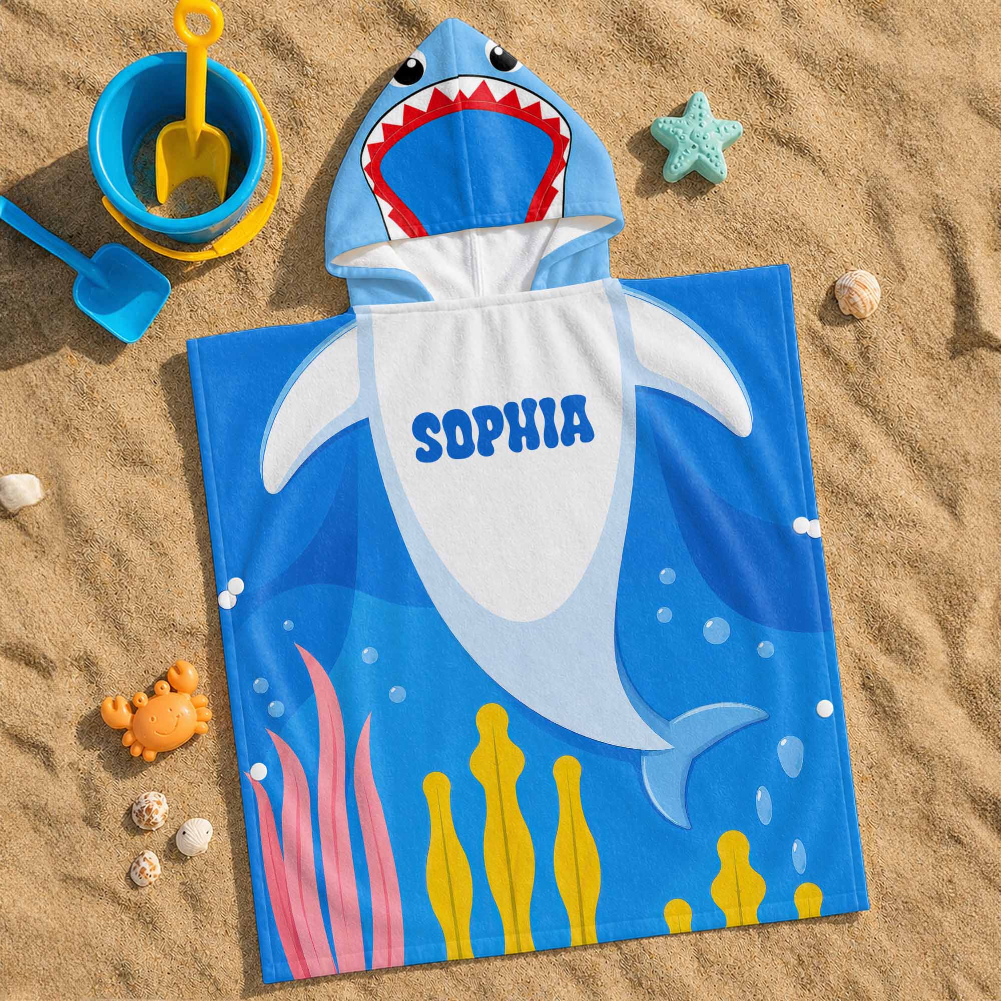 Personalized Kids Hooded Beach Towel Custom Seaweed Shark Gift for Girls, Boys Kids Hooded Beach Towel GradoCreations