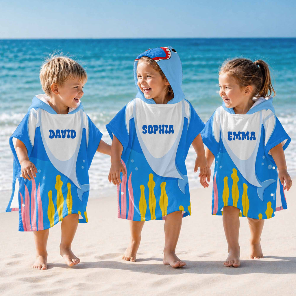 Personalized Kids Hooded Beach Towel Custom Seaweed Shark Gift for Girls, Boys Kids Hooded Beach Towel GradoCreations