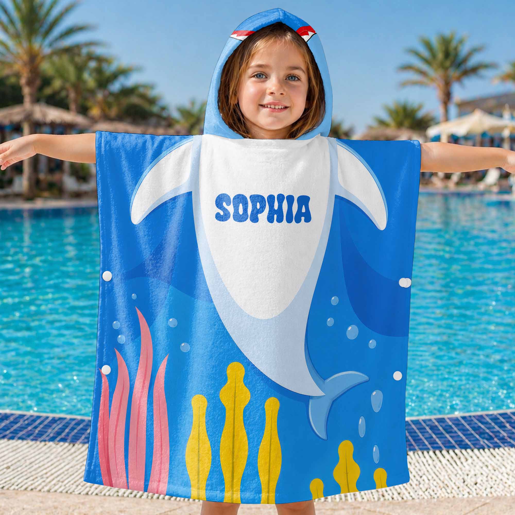 Personalized Kids Hooded Beach Towel Custom Seaweed Shark Gift for Girls, Boys Kids Hooded Beach Towel GradoCreations