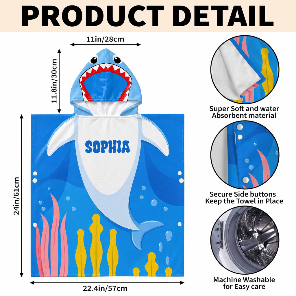 Personalized Kids Hooded Beach Towel Custom Seaweed Shark Gift for Girls, Boys Kids Hooded Beach Towel GradoCreations