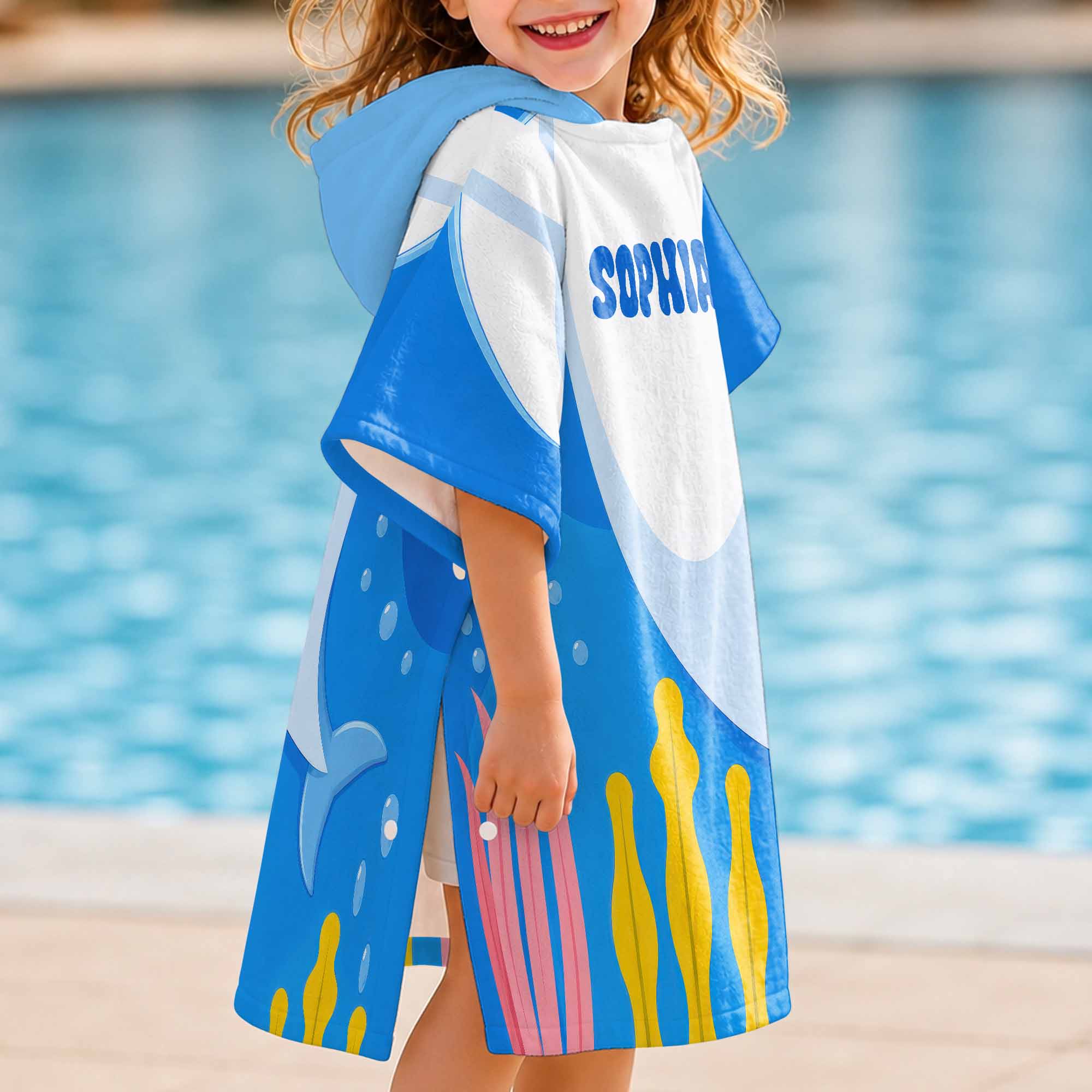 Personalized Kids Hooded Beach Towel Custom Seaweed Shark Gift for Girls, Boys Kids Hooded Beach Towel GradoCreations