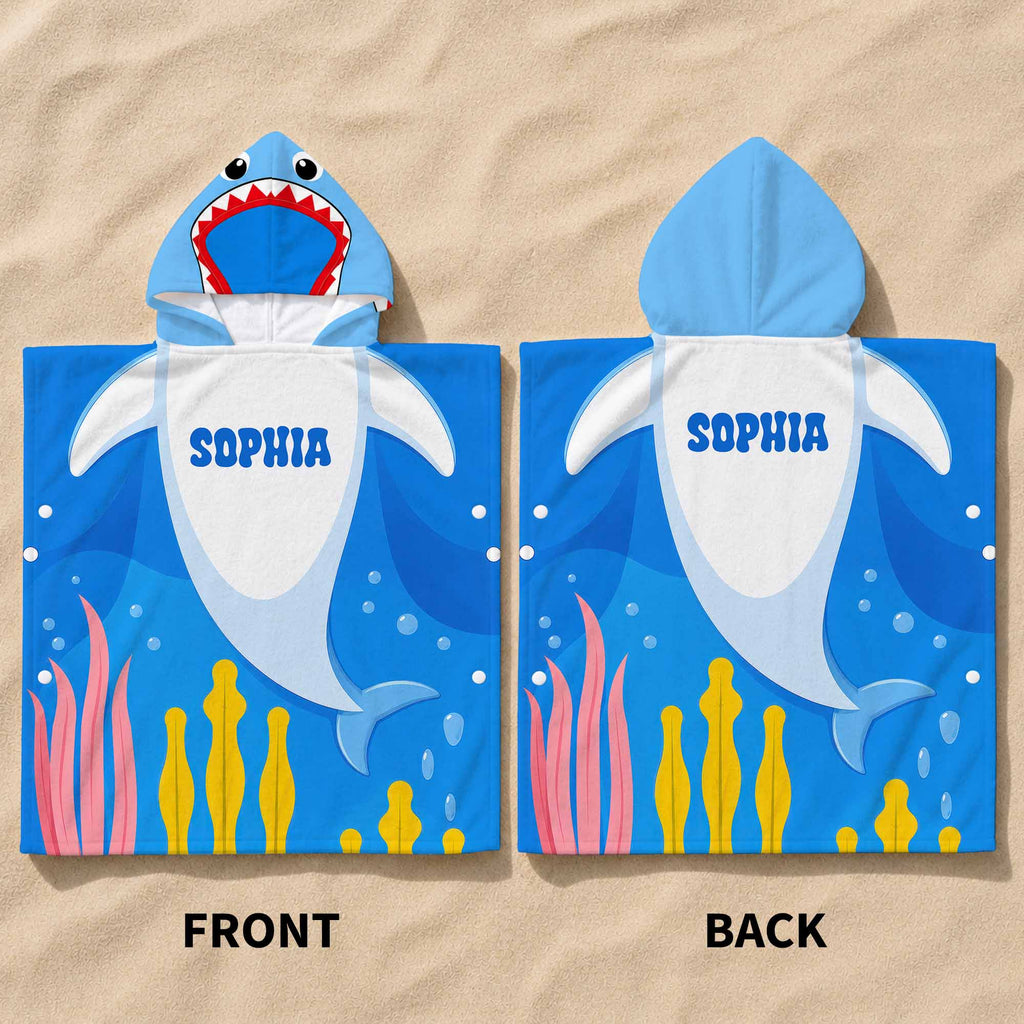 Personalized Kids Hooded Beach Towel Custom Seaweed Shark Gift for Girls, Boys Kids Hooded Beach Towel GradoCreations