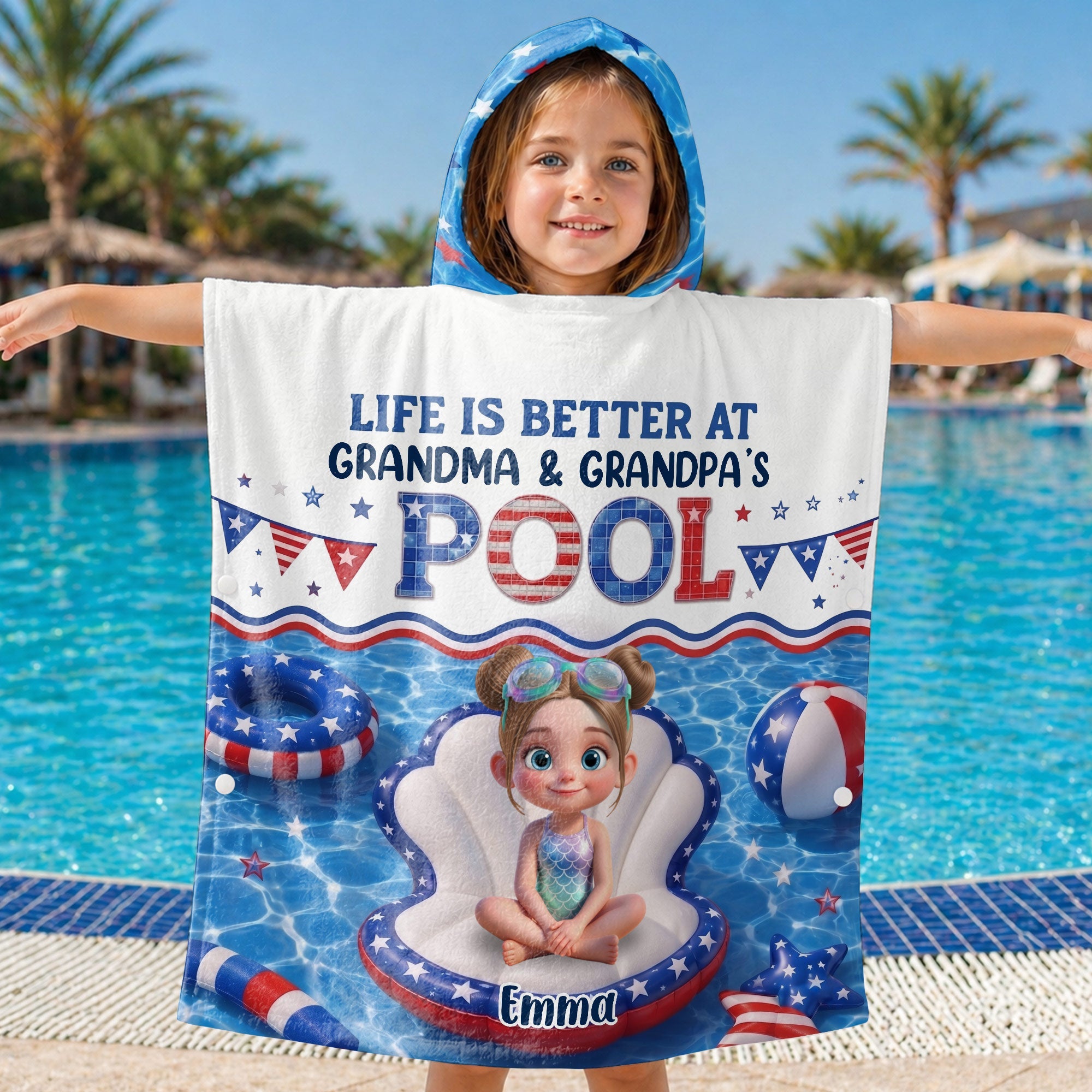 Personalized Kids Hooded Beach Towel Custom Name Stars Stripes Kids Hooded Beach Towel GradoCreations