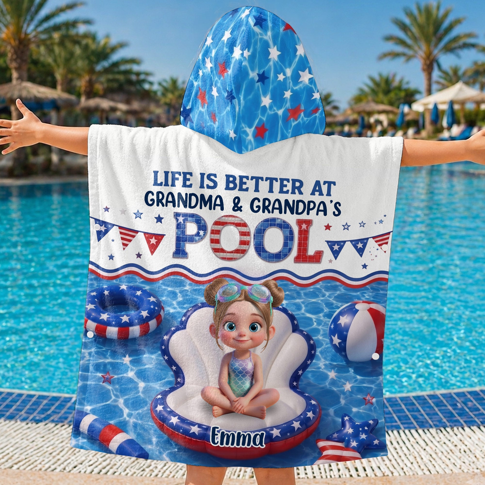 Personalized Kids Hooded Beach Towel Custom Name Stars Stripes Kids Hooded Beach Towel GradoCreations