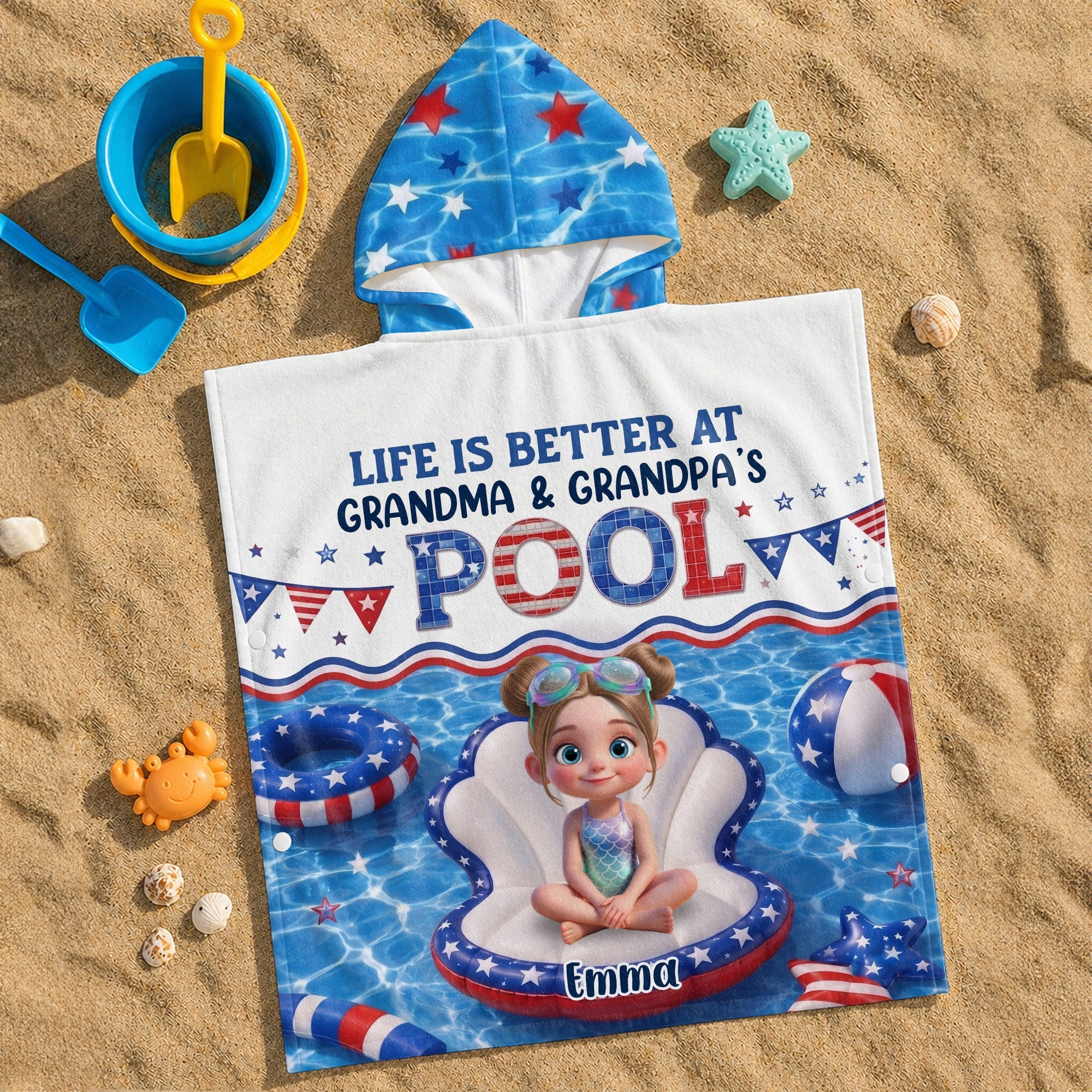 Personalized Kids Hooded Beach Towel Custom Name Stars Stripes Kids Hooded Beach Towel GradoCreations
