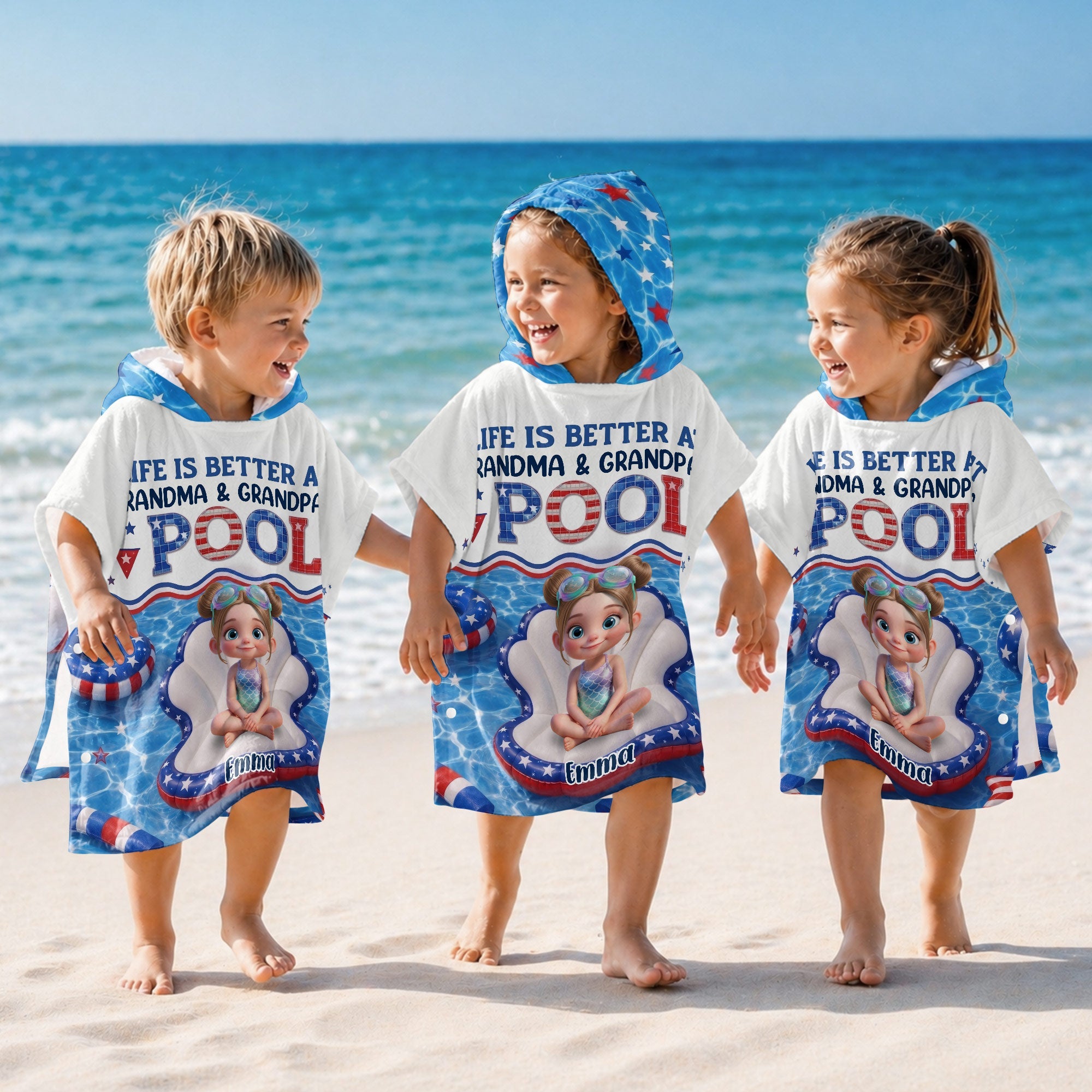 Personalized Kids Hooded Beach Towel Custom Name Stars Stripes Kids Hooded Beach Towel GradoCreations