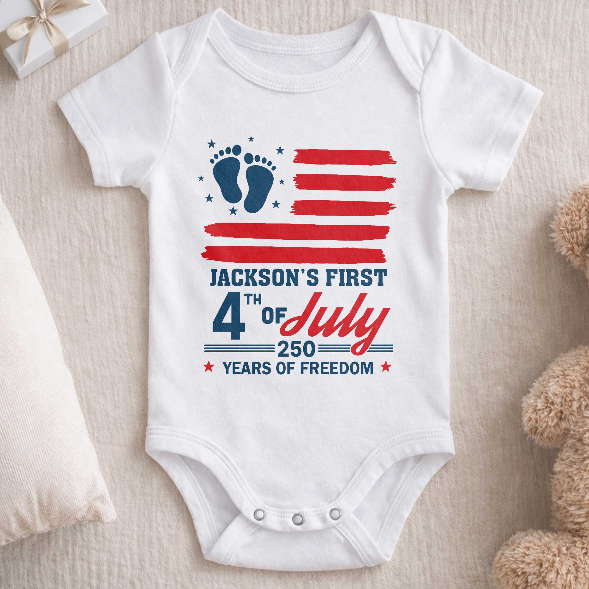 Personalized 4th of July Baby Onesie Custom Name USA Flag Gift Baby Onesie GradoCreations