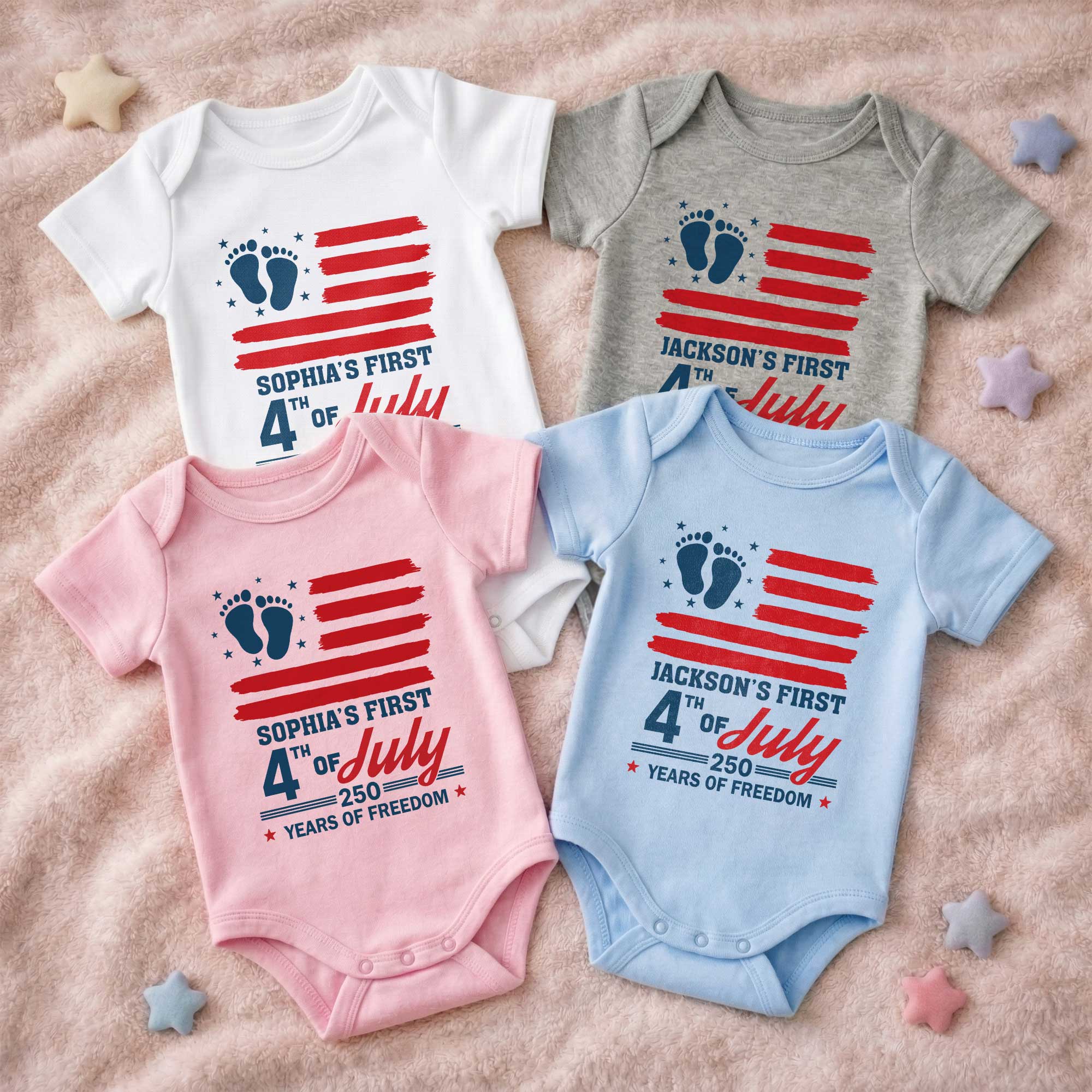 Personalized 4th of July Baby Onesie Custom Name USA Flag Gift Baby Onesie GradoCreations