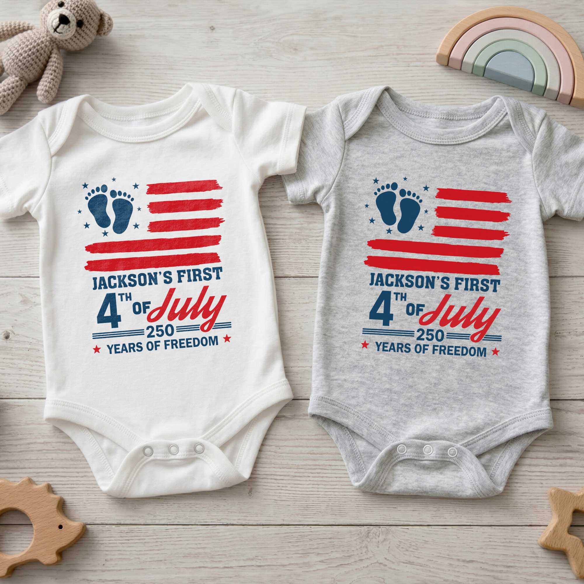 Personalized 4th of July Baby Onesie Custom Name USA Flag Gift Baby Onesie GradoCreations
