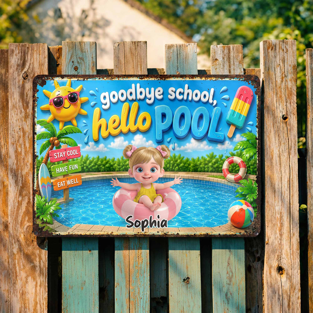 Personalized Metal Sign Goodbye School Hello Pool Custom Name Gift for Kids Metal Sign GradoCreations